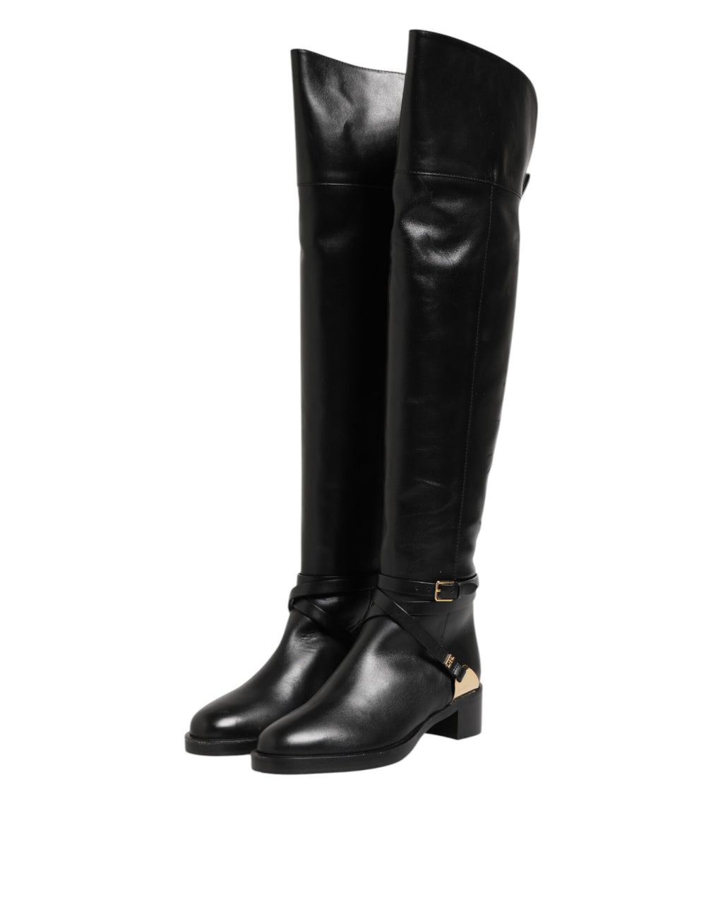 Bottes hautes à boucles en cuir noir Elisabetta Franchi
