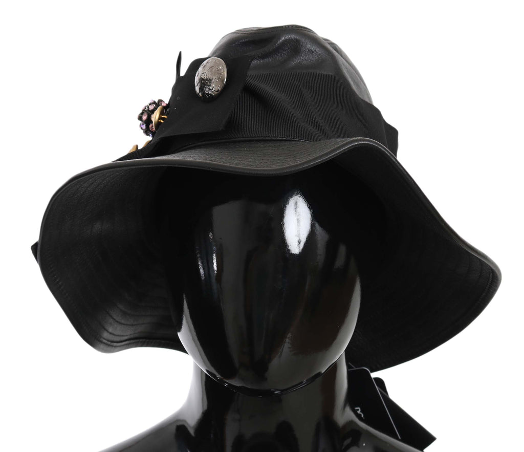 Chapeau à large bord Dolce & Gabbana en cuir noir DG orné de cristaux