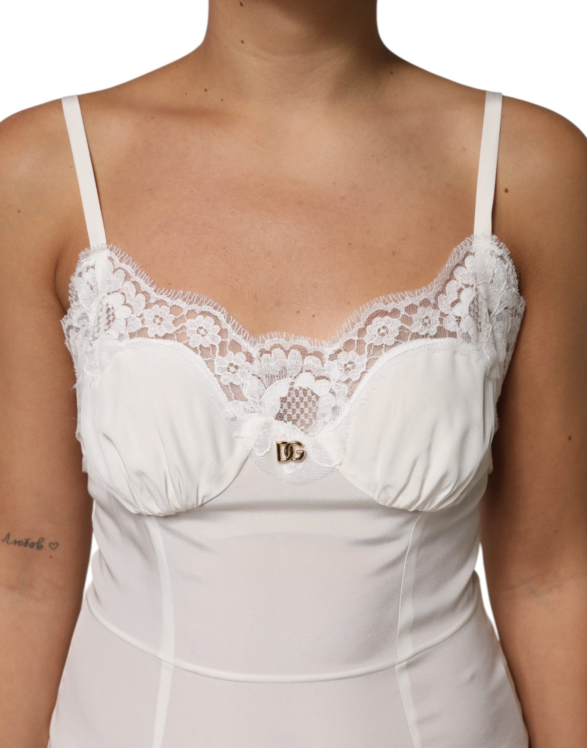 Chemise de nuit en soie à logo DG en dentelle blanche Dolce & Gabbana