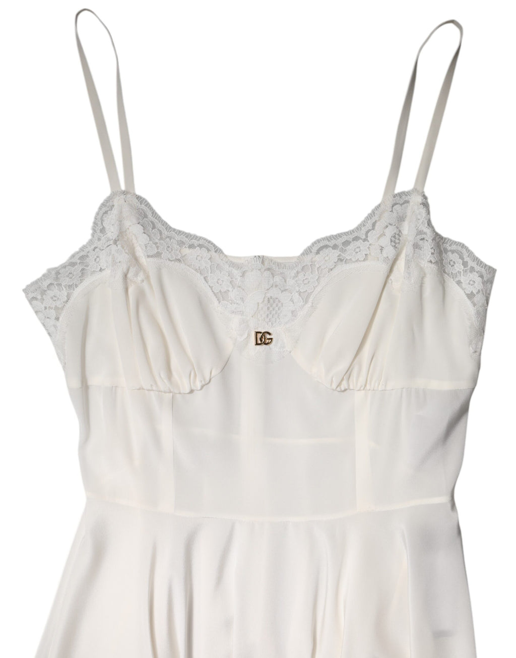 Dolce & Gabbana Robe de nuit en soie, dentelle blanche et logo DG doré