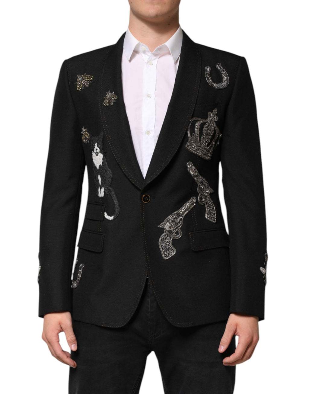 Veste de costume ornée motif abeille et couronne Dolce & Gabbana noire