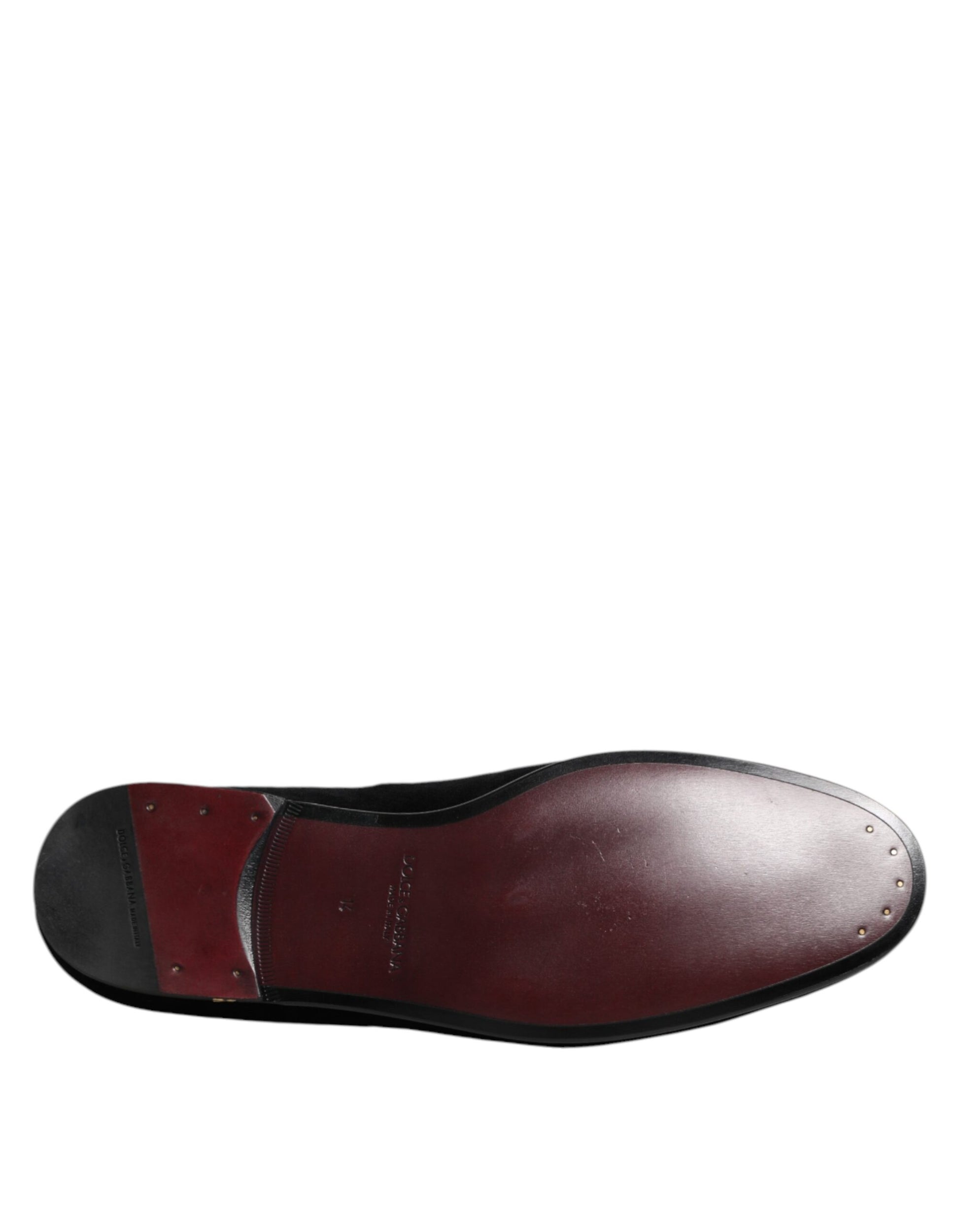 Dolce & Gabbana Black Velvet Gold Crown Mens Loafers Shoes