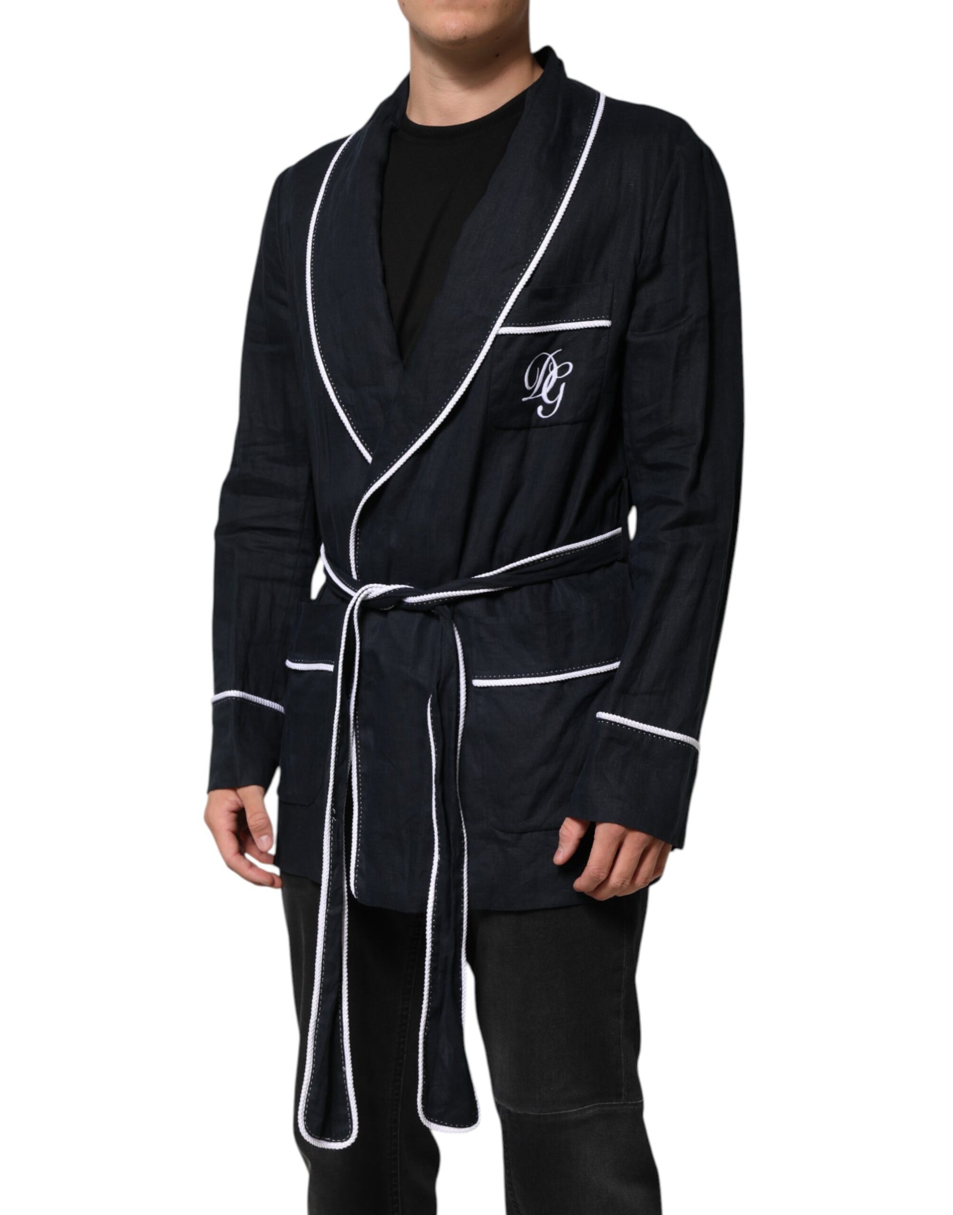 Dolce & Gabbana Dark Blue DG Embroidery Jacket Robe Blazer
