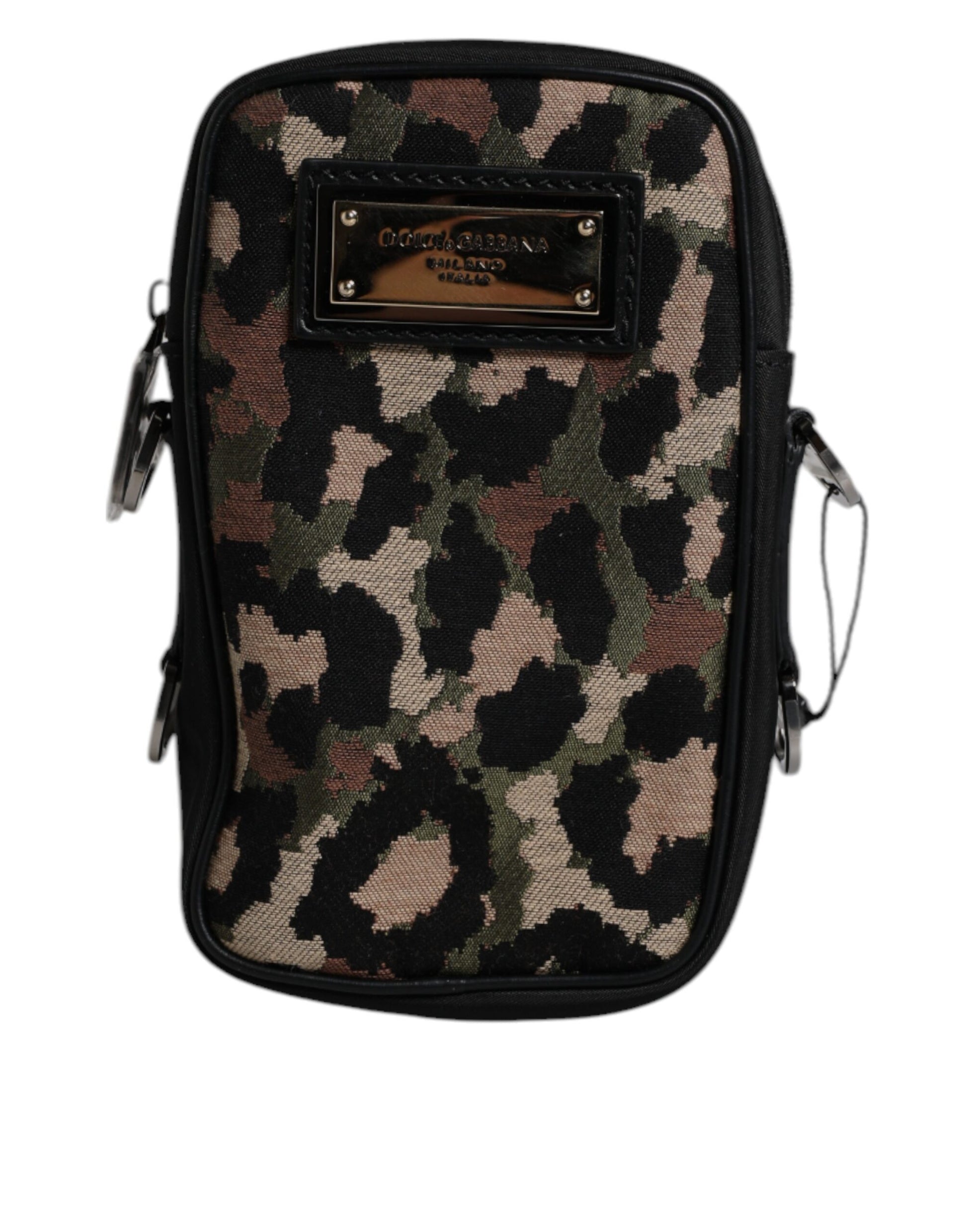 Dolce &amp; Gabbana – Mehrfarbige Umhängetasche aus Jacquard mit Leopardenmuster und Logo-Schild