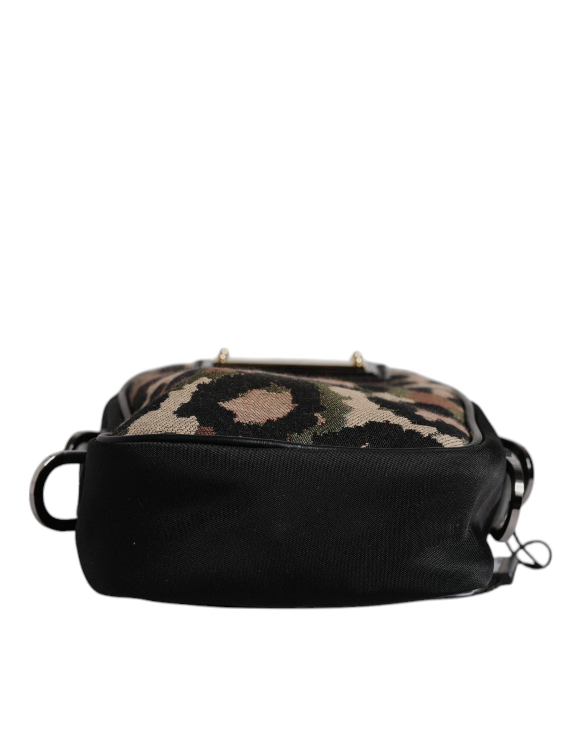 Dolce &amp; Gabbana – Mehrfarbige Umhängetasche aus Jacquard mit Leopardenmuster und Logo-Schild