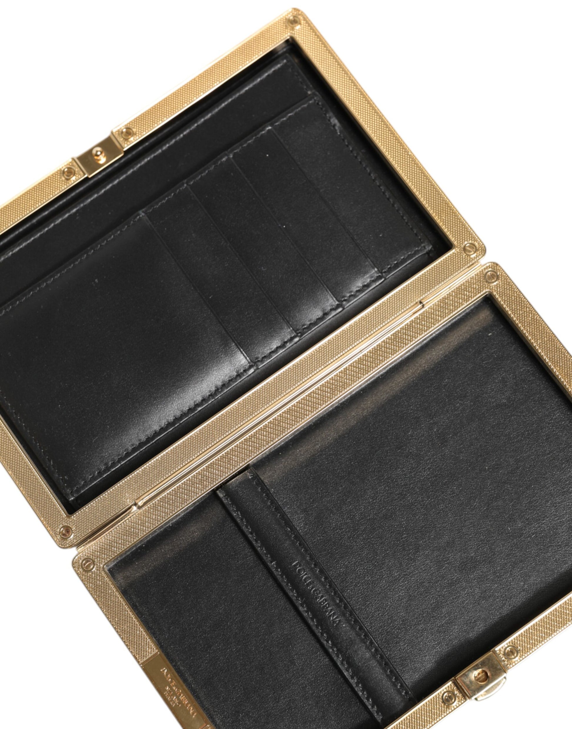 Dolce &amp; Gabbana Schwarzes Leder Goldrahmen Clutch Abend Party Handtasche