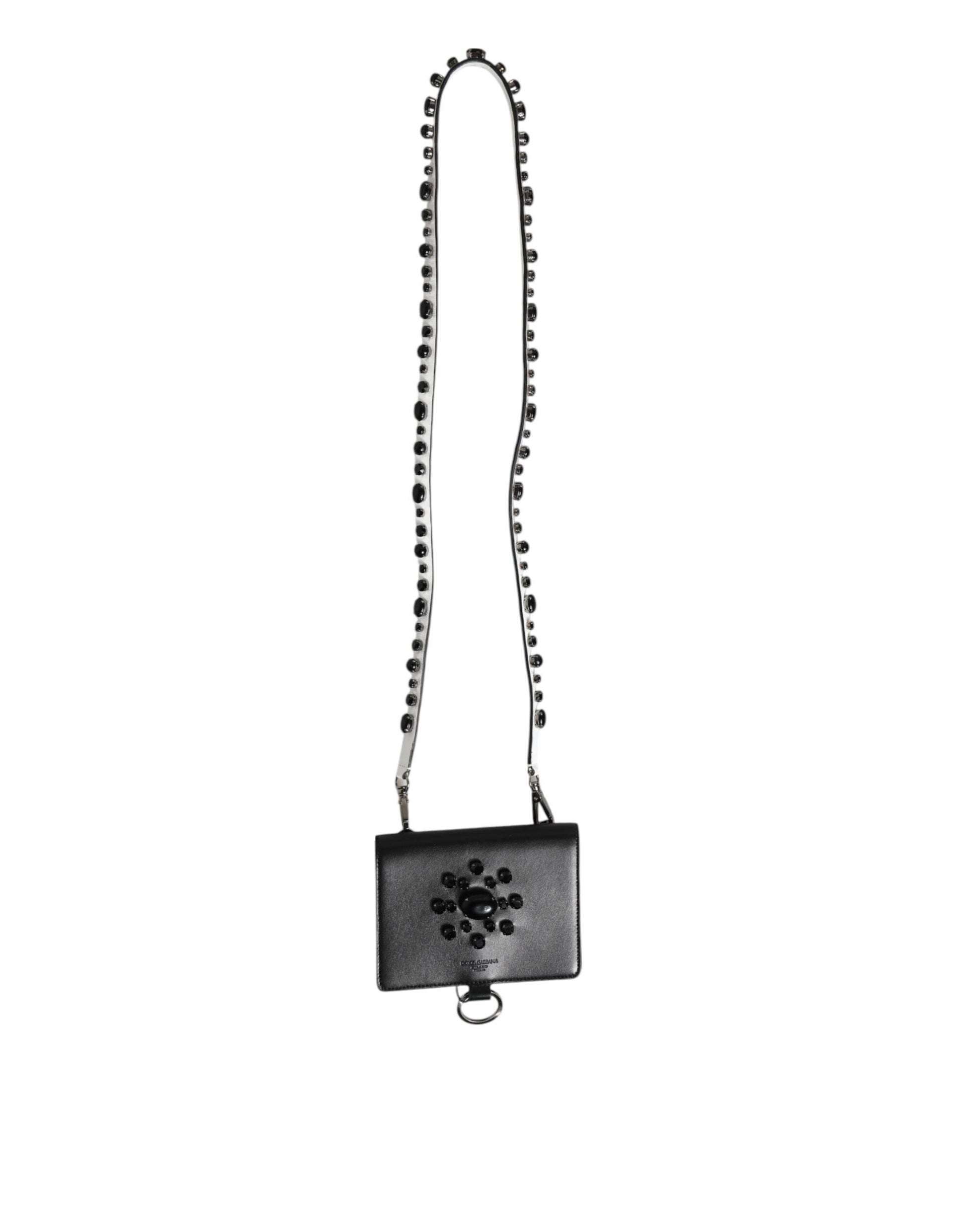 Dolce & Gabbana Black Leather Crystal Embellished Card Holder Wallet