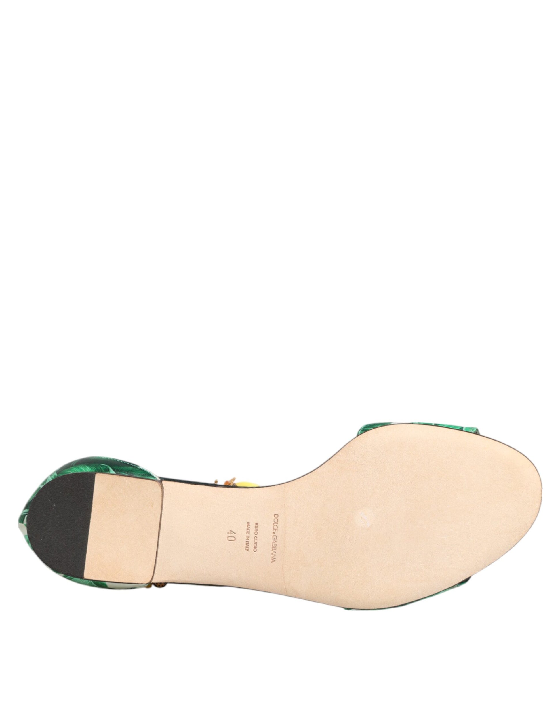 Dolce & Gabbana Green Mink Fur Satin Banana Leaf Sandals Shoes