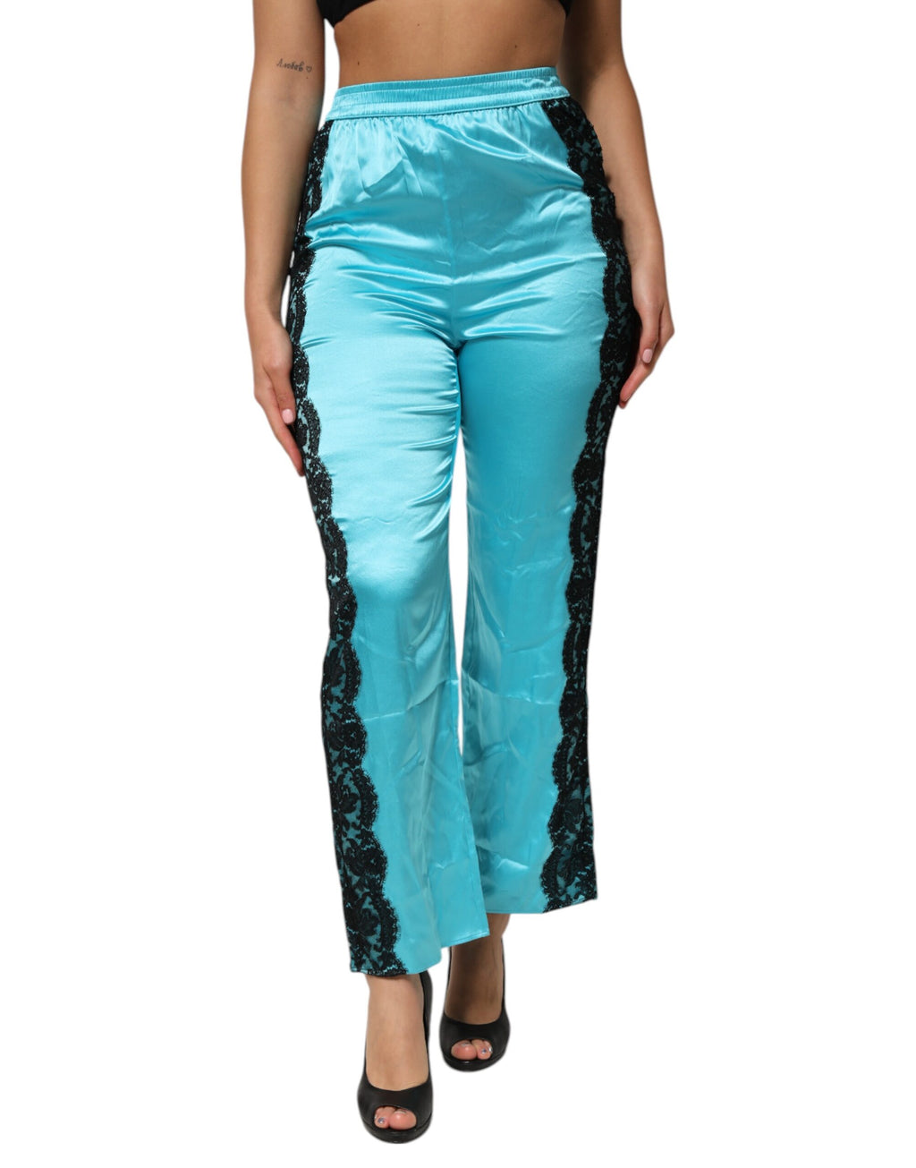 Pantalon de pyjama droit en soie bleue pour femme, avec jarretelles, Dolce & Gabbana
