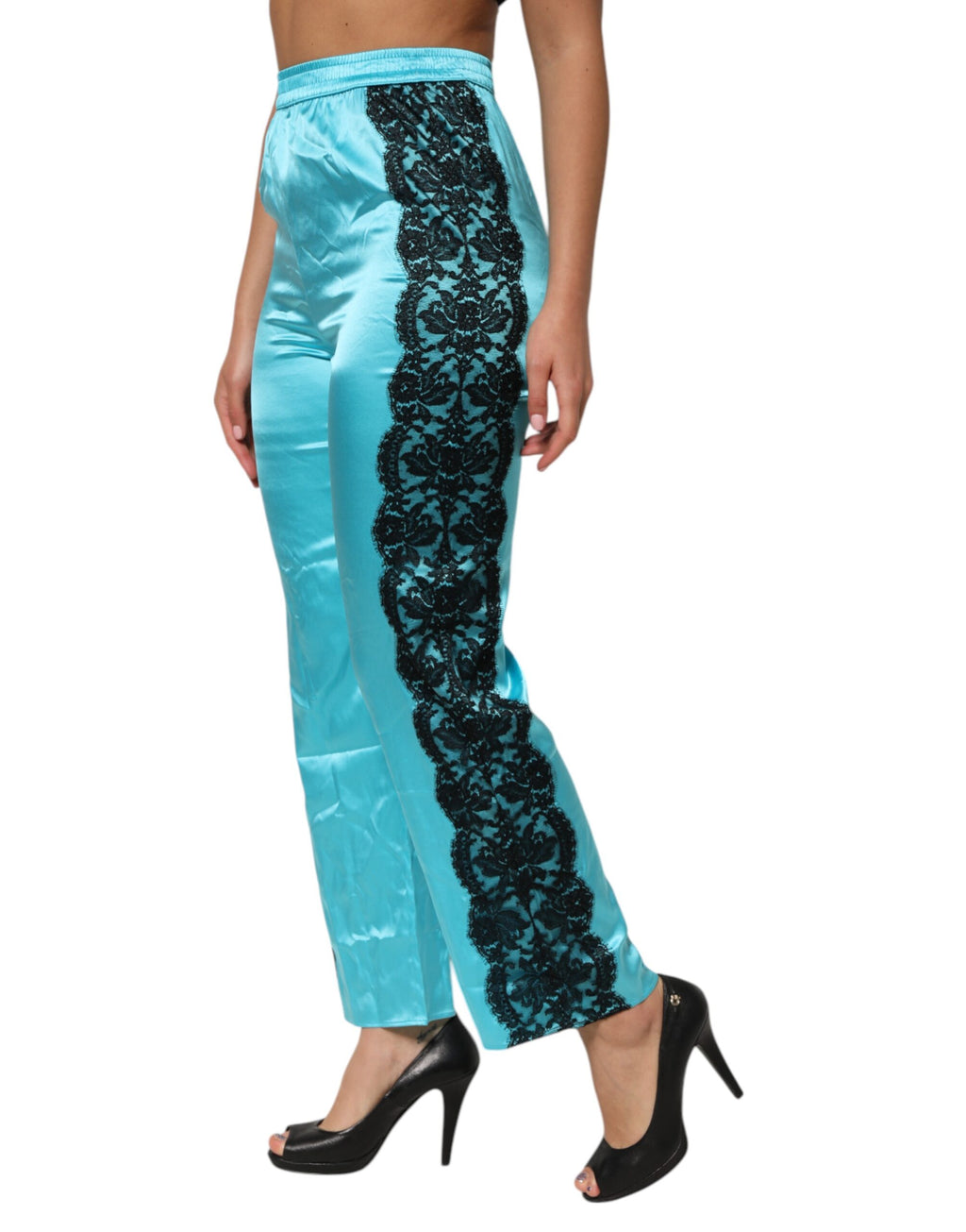 Pantalon de pyjama droit en soie bleue pour femme, avec jarretelles, Dolce & Gabbana