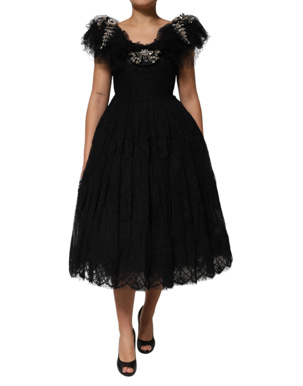 Robe midi trapèze ornée de cristaux noirs Dolce & Gabbana
