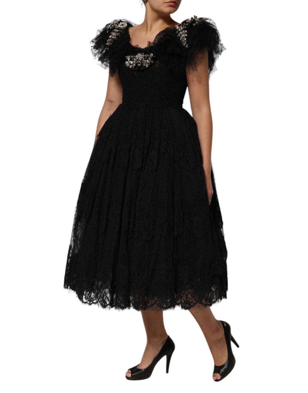 Robe midi trapèze ornée de cristaux noirs Dolce & Gabbana