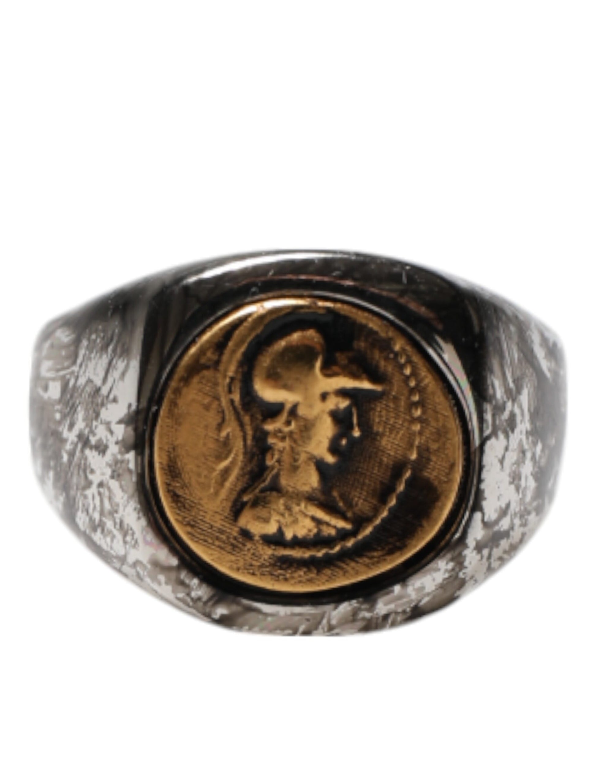 Dolce &amp; Gabbana Silberfarbener, zweifarbiger Ring aus echtem Messing mit Gravur