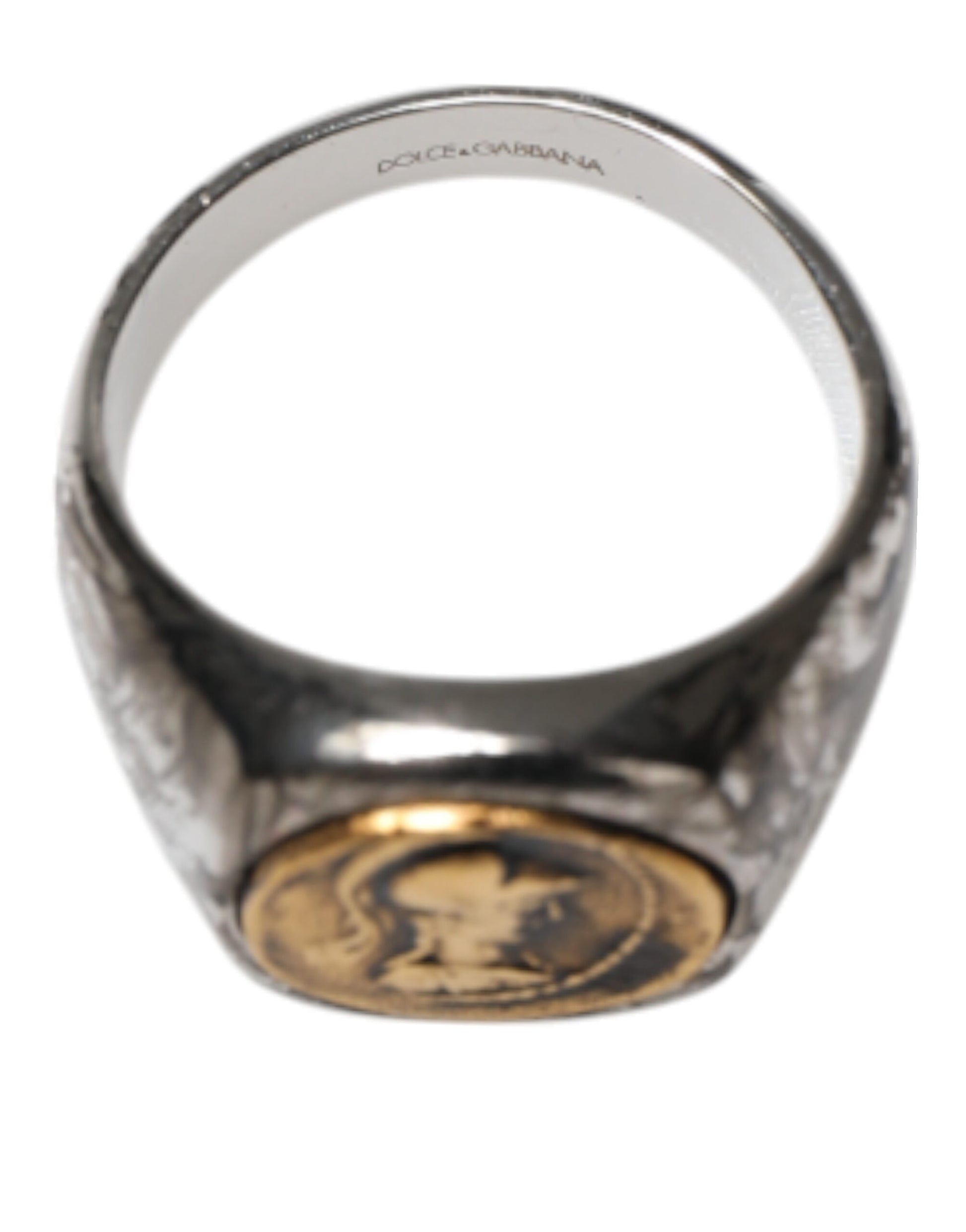 Dolce &amp; Gabbana Silberfarbener, zweifarbiger Ring aus echtem Messing mit Gravur