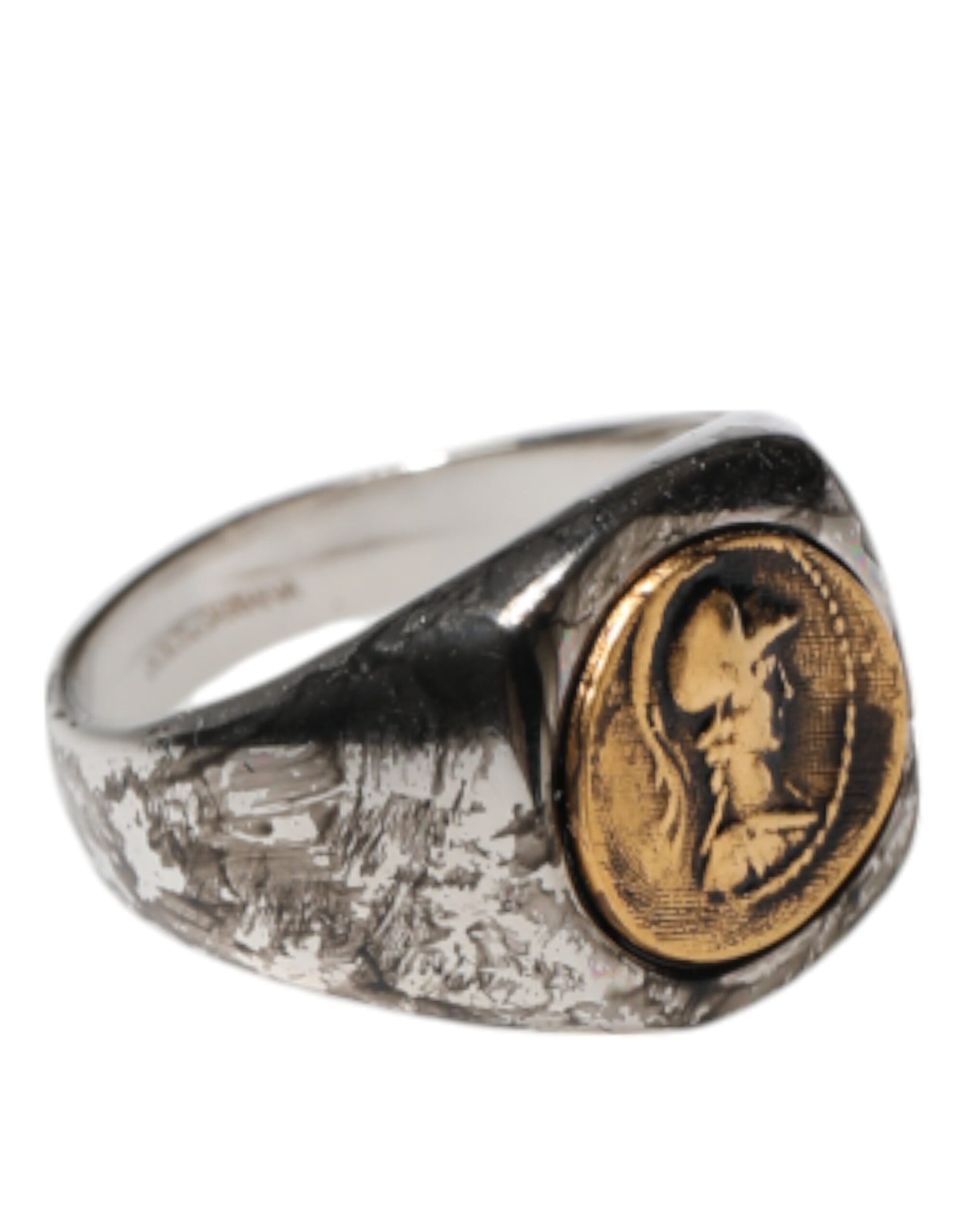 Dolce &amp; Gabbana Silberfarbener, zweifarbiger Ring aus echtem Messing mit Gravur