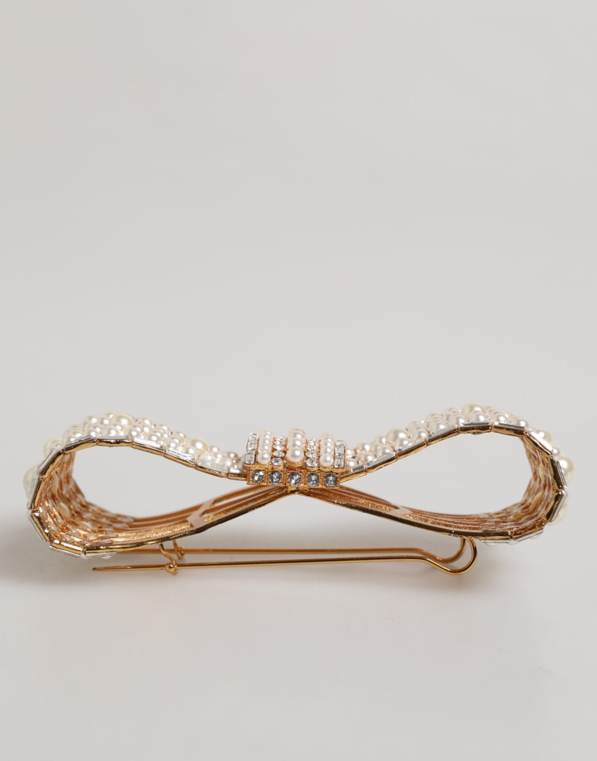 Dolce & Gabbana Gold Tone Brass Bow Crystal Faux Pearl Embellished Brooch