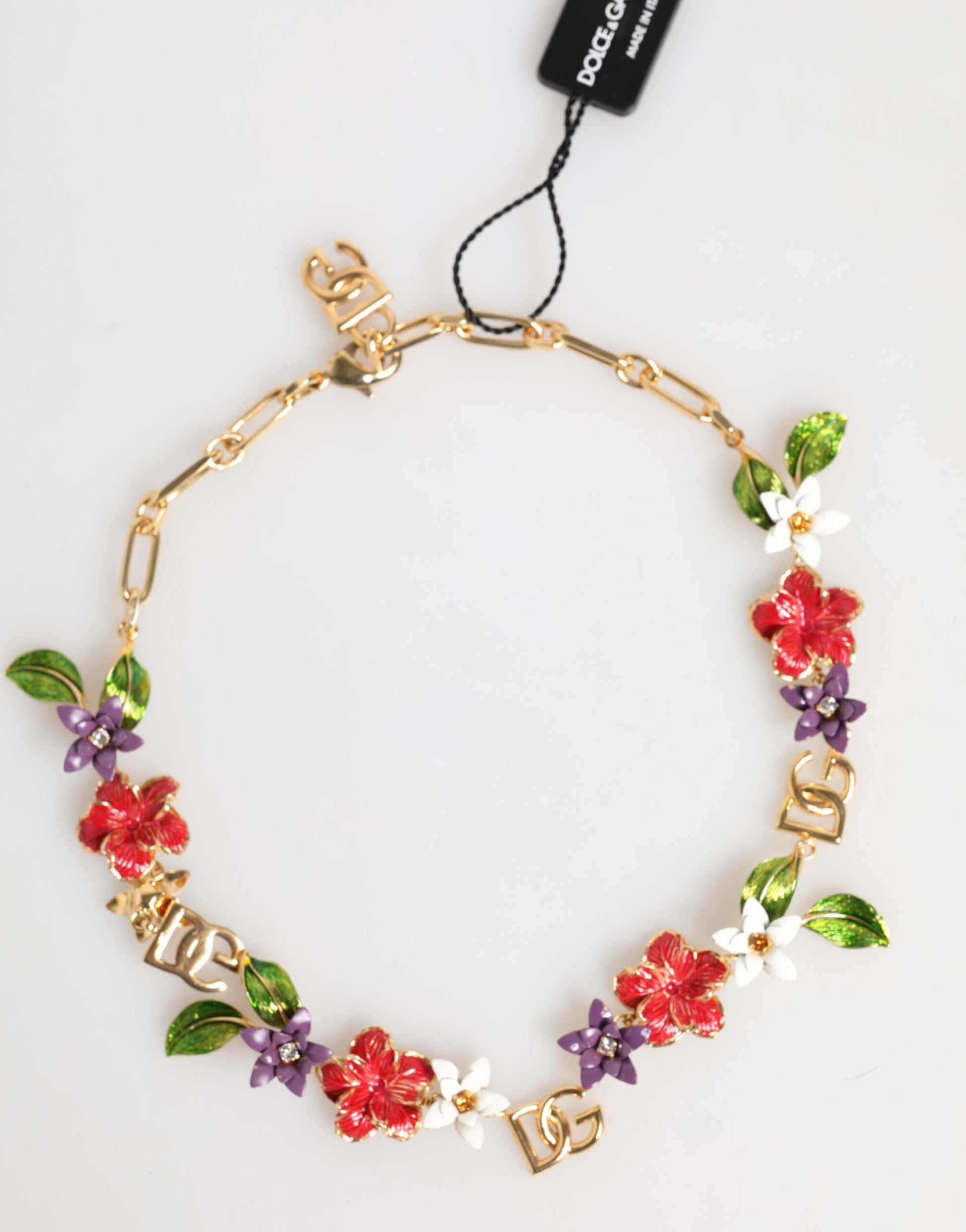 Collier Dolce & Gabbana en laiton doré avec logo et motif floral
