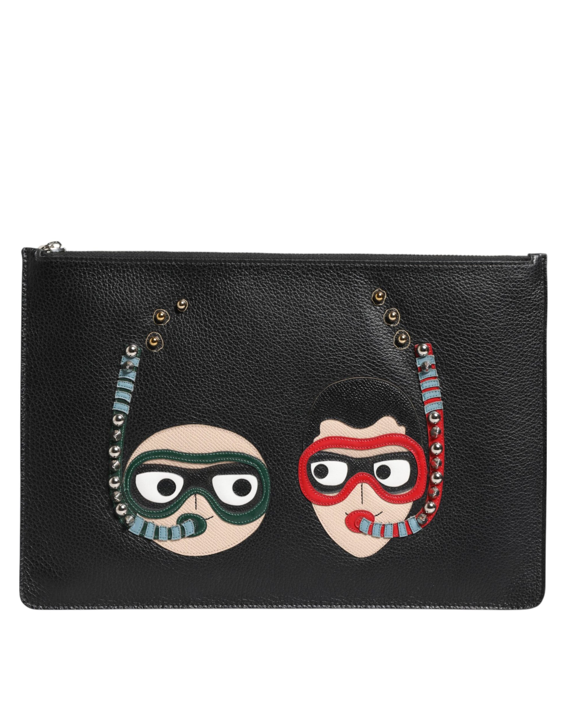 Dolce & Gabbana Black Leather #DGFAMILY Embellished Men Clutch Pouch Bag