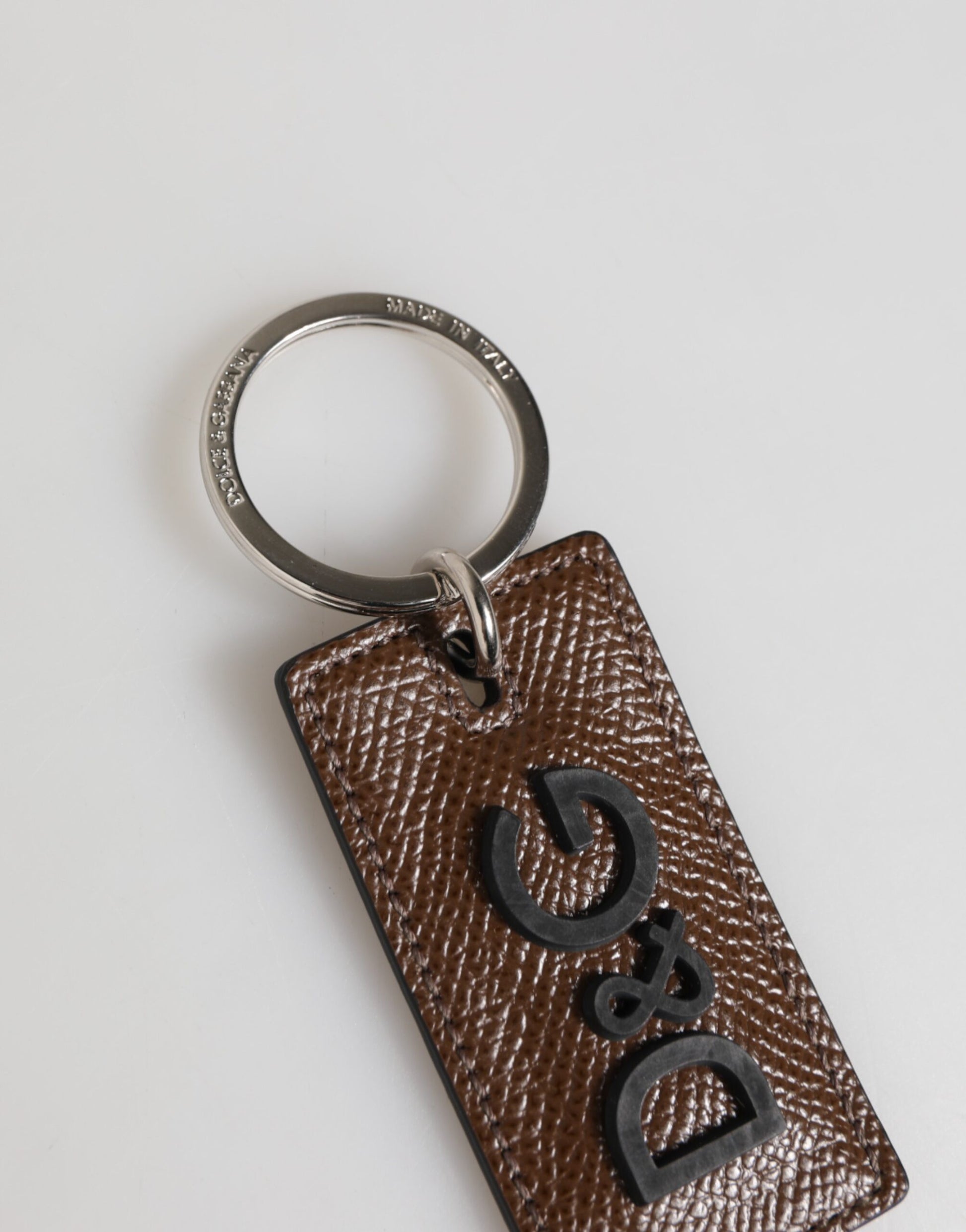 Dolce & Gabbana Dark Brown Leather Logo Metal Ring Keychain Holder Keyring