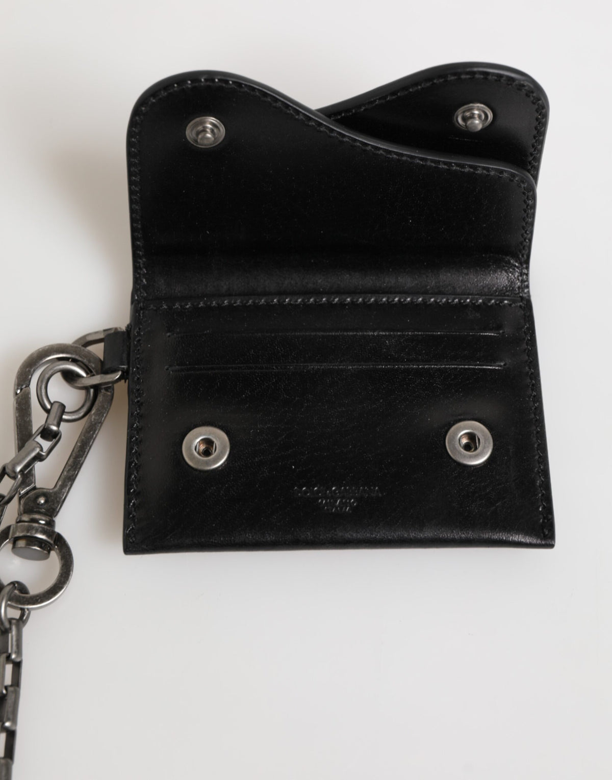 Porte-cartes à deux volets Dolce & Gabbana en cuir Cavallo noir avec chaîne à bouton-pression