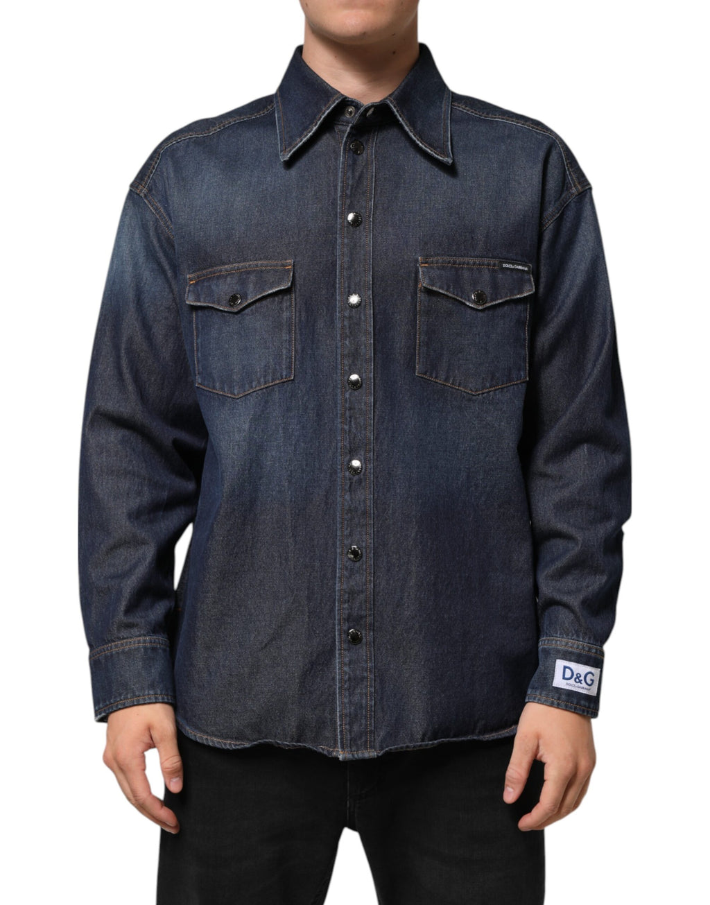 Chemise décontractée pour homme Dolce & Gabbana en jean bleu avec boutons et écusson logo