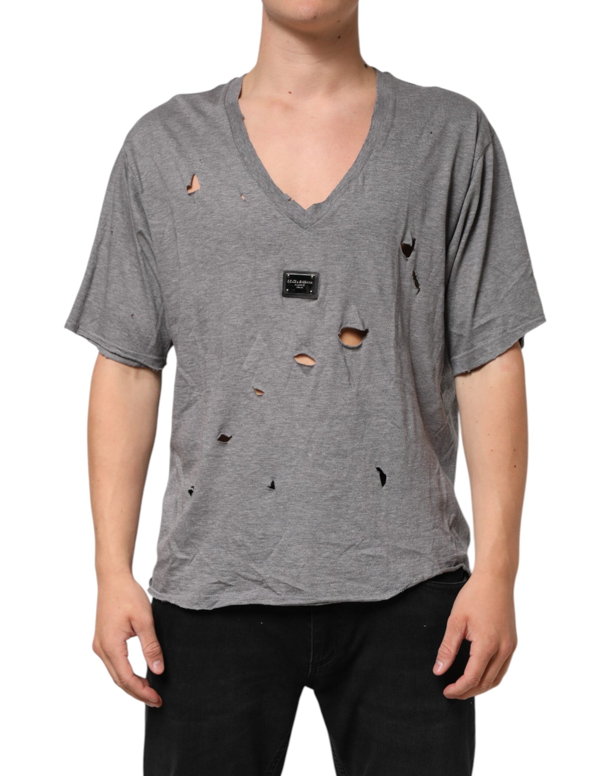 Dolce & Gabbana Gray Cotton Tattered Logo Patch Men T-shirt