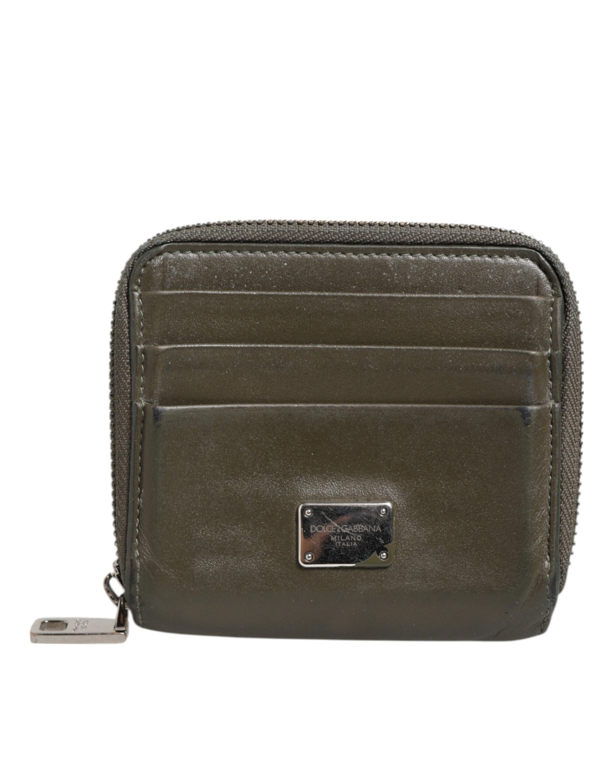Porte-cartes porte-monnaie Dolce & Gabbana en cuir vert militaire avec plaque logo