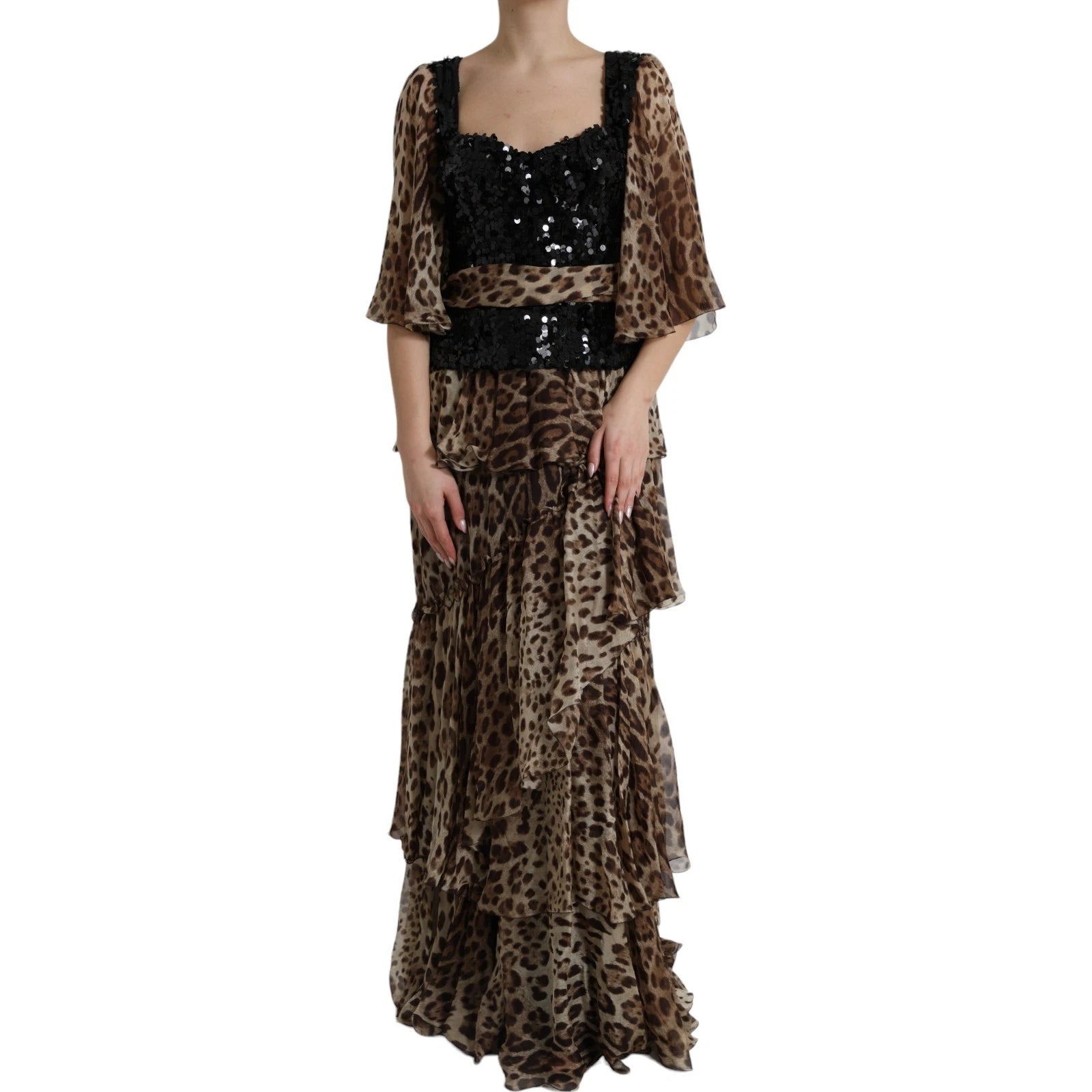 Robe longue Dolce & Gabbana en soie imprimé léopard avec volants et sequins