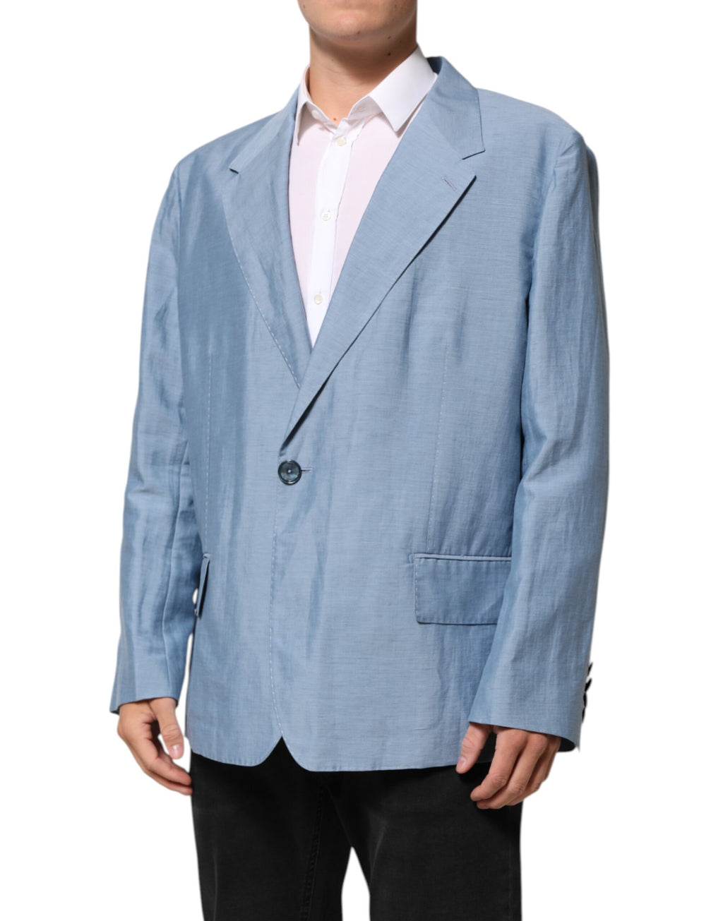 Veste Blazer Homme Dolce & Gabbana en Lin Double Boutonnage Bleu Clair