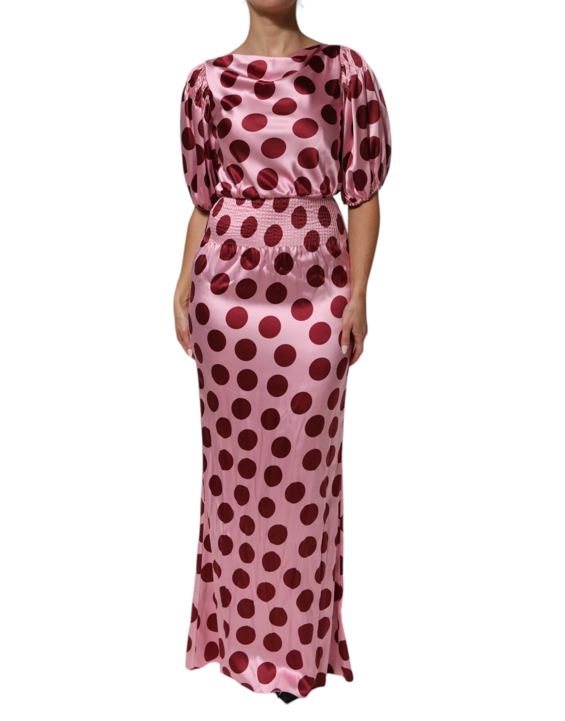 Robe longue en satin de soie Dolce & Gabbana rose et rouge à pois