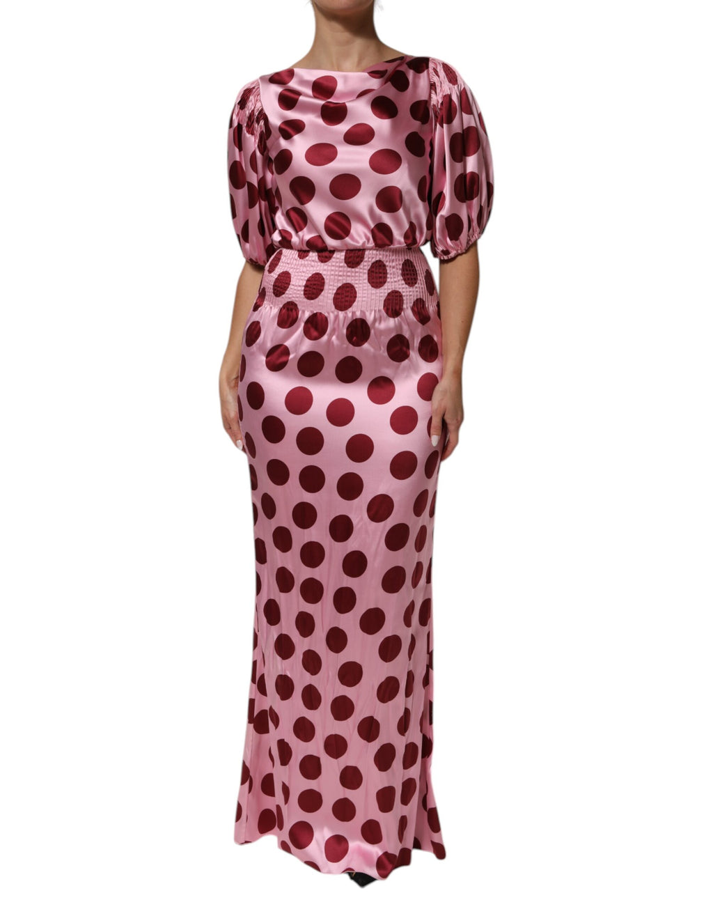 Robe longue en satin de soie Dolce & Gabbana rose et rouge à pois