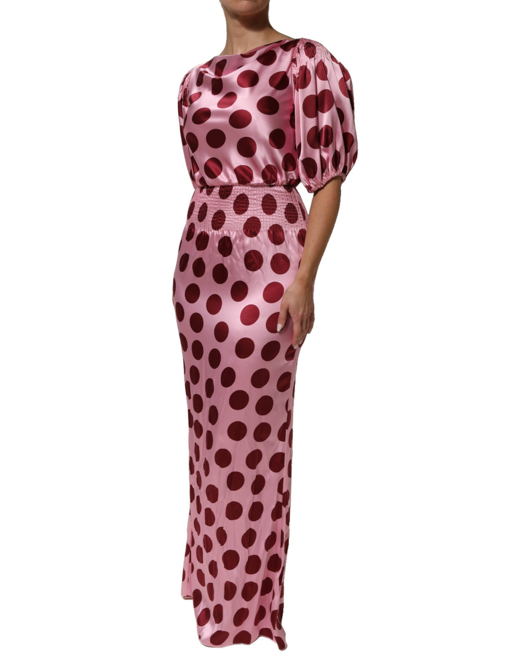 Robe longue en satin de soie Dolce & Gabbana rose et rouge à pois