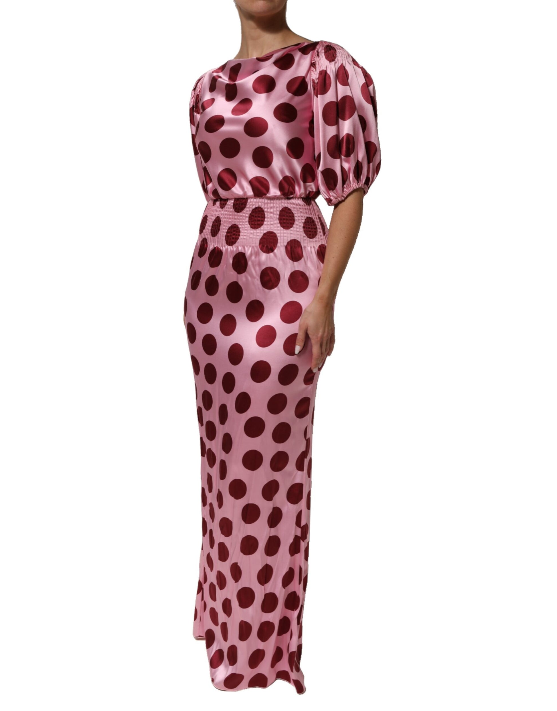 Robe longue en satin de soie Dolce & Gabbana rose et rouge à pois