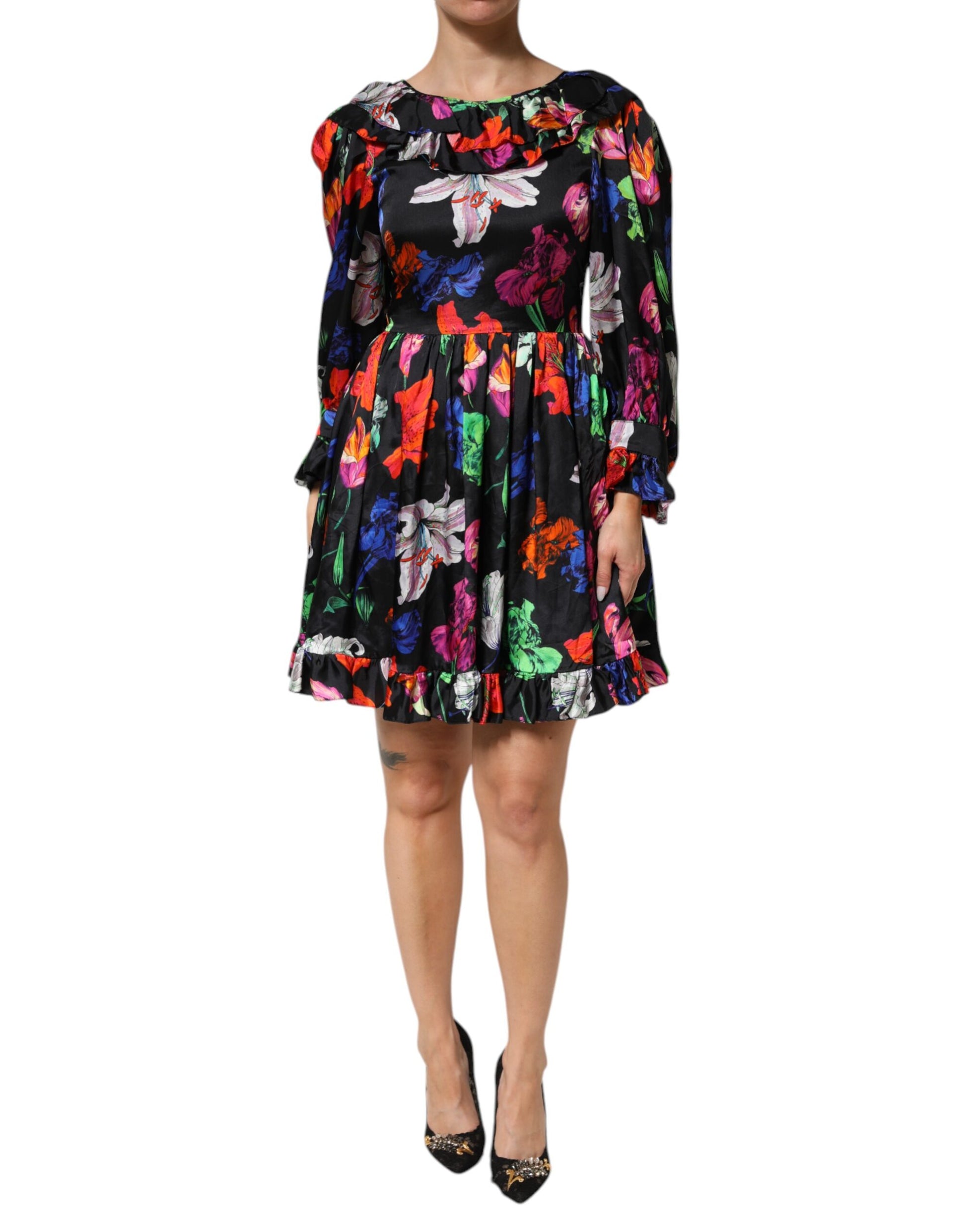 Robe MSGM Noire Mini à Volants Florale Manches Longues