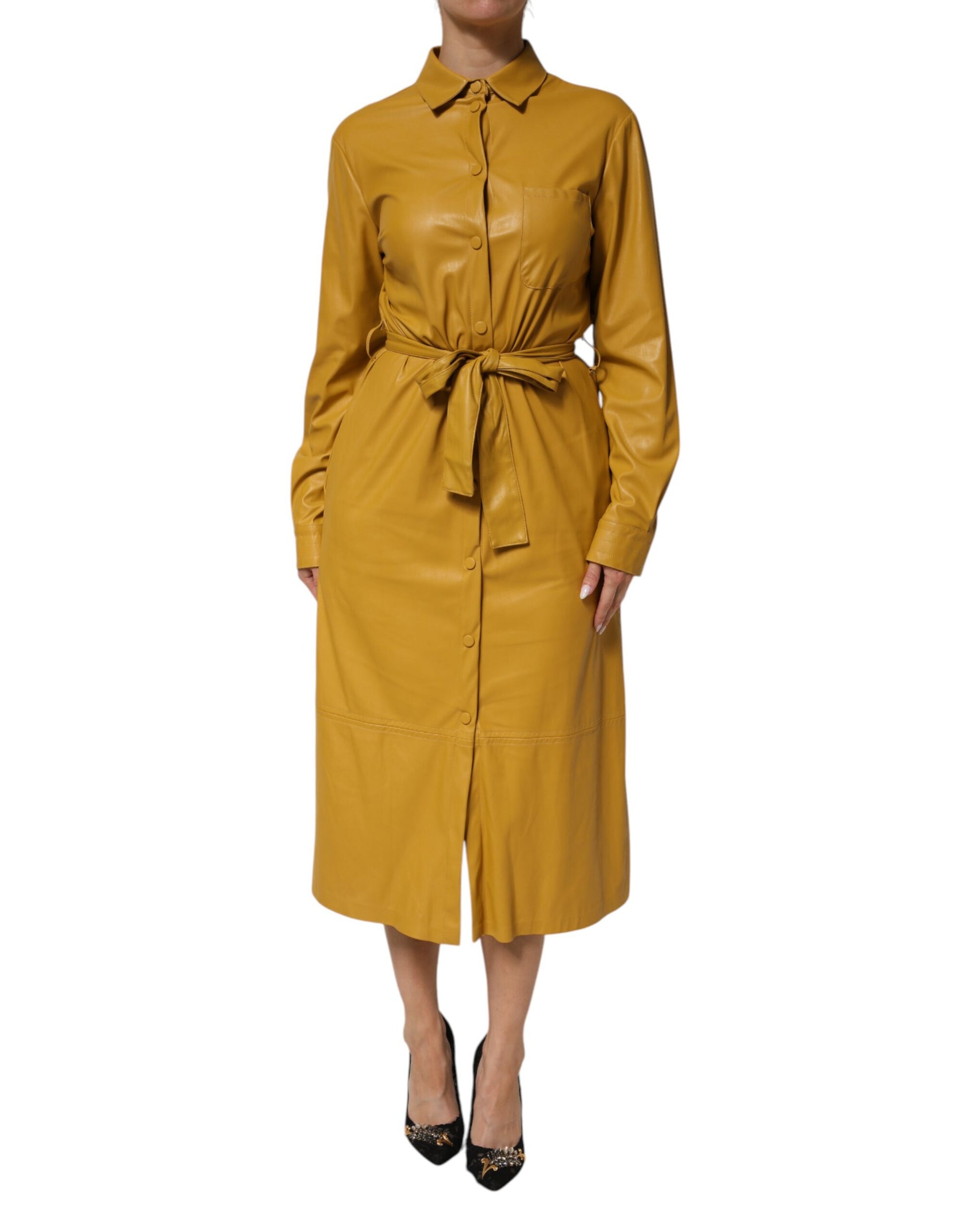 PINKO Chemise Midi Ceinturée Manches Longues Polyester Jaune Moutarde