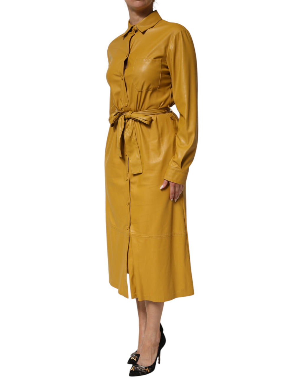 PINKO Chemise Midi Ceinturée Manches Longues Polyester Jaune Moutarde
