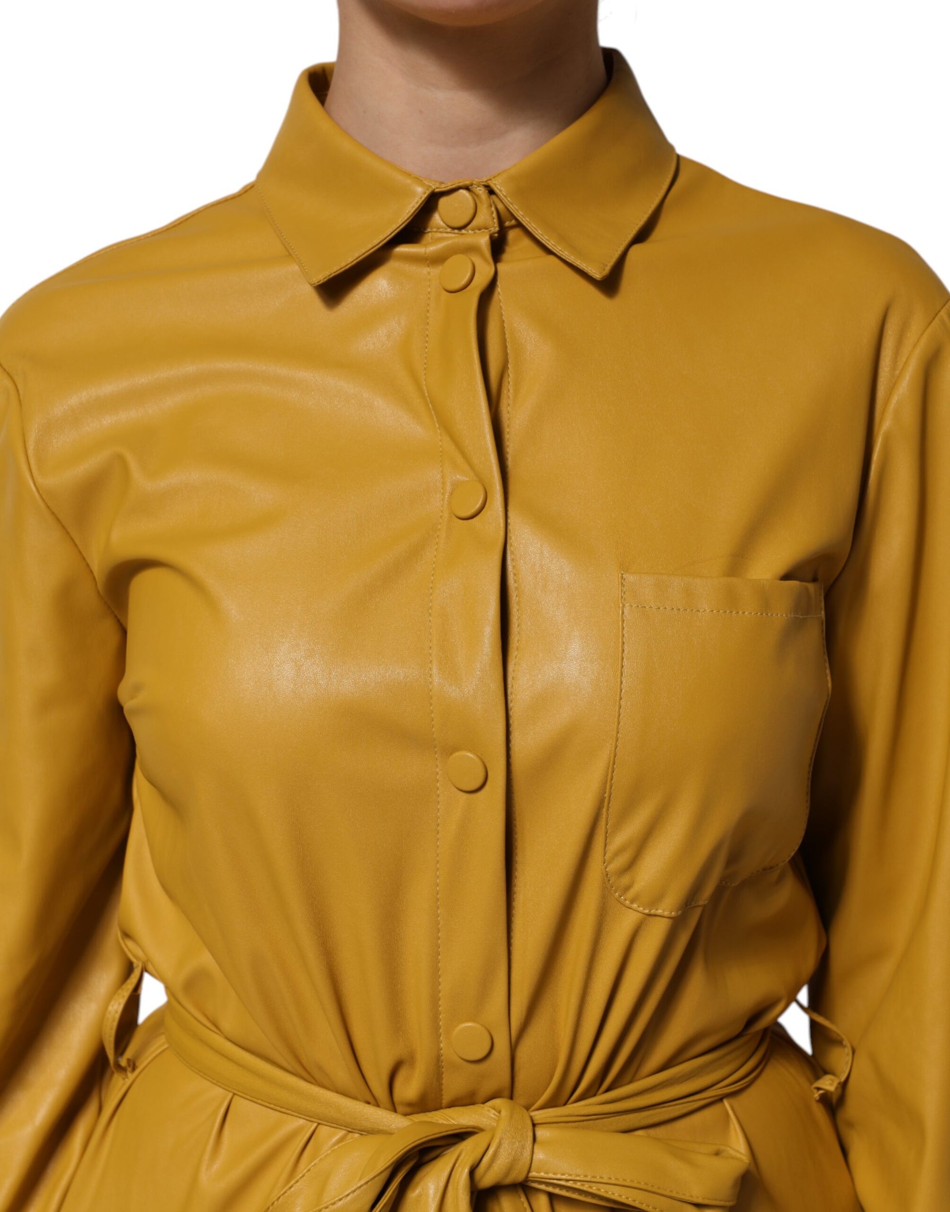 PINKO Chemise Midi Ceinturée Manches Longues Polyester Jaune Moutarde