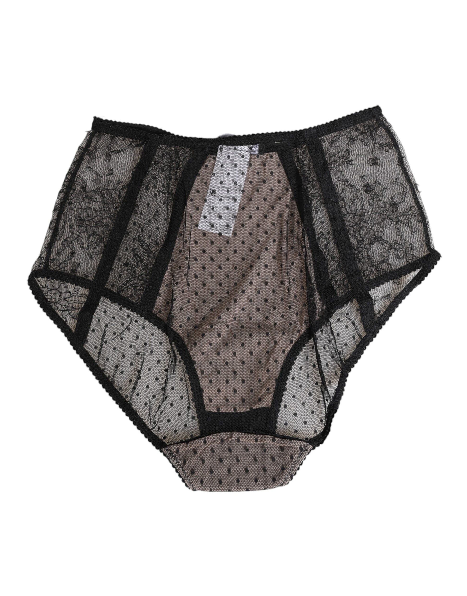Sous-vêtement taille haute en dentelle transparente noire à pois Dolce & Gabbana