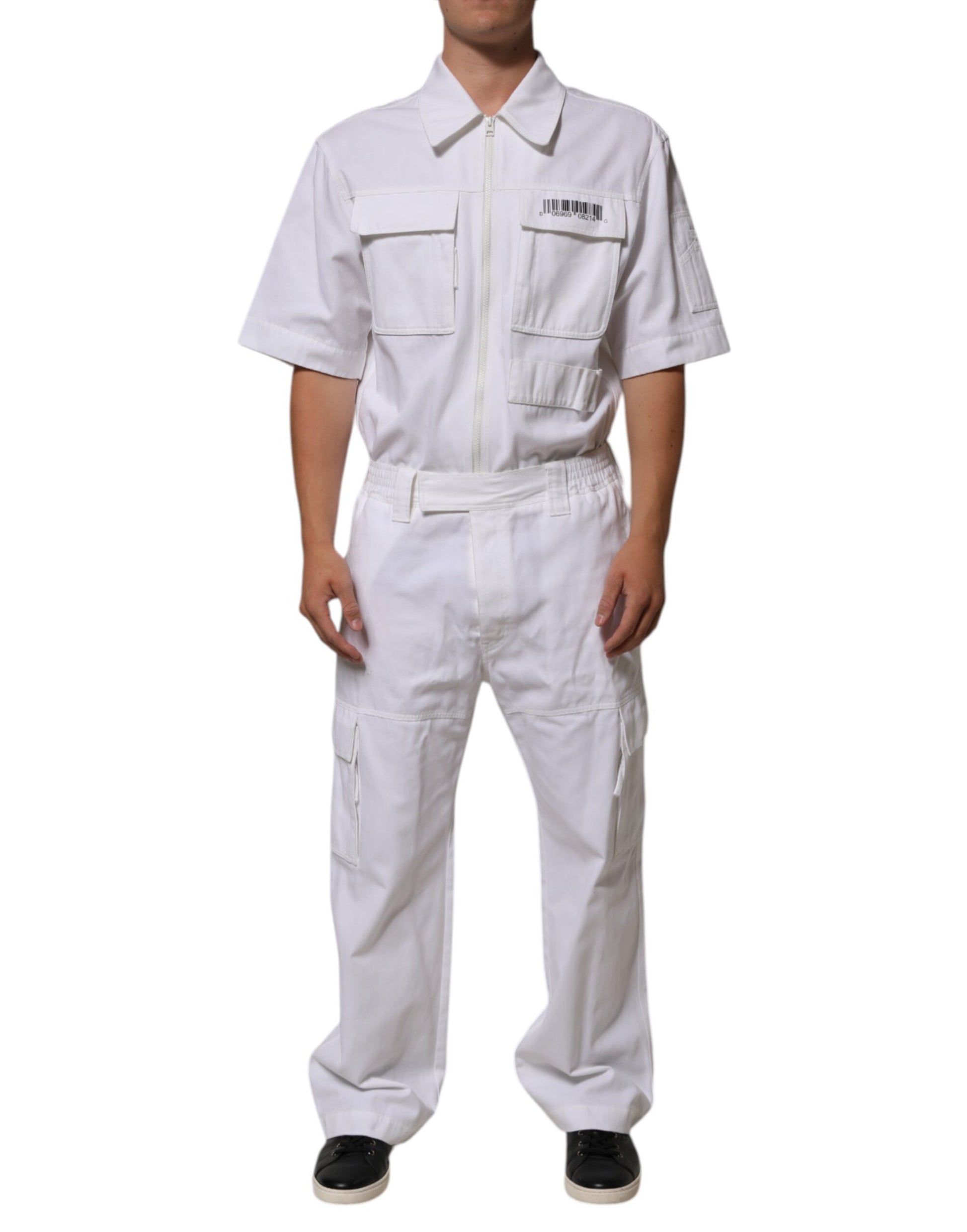 Combinaison-pantalon Dolce & Gabbana blanche avec écusson code-barres et fermeture éclair