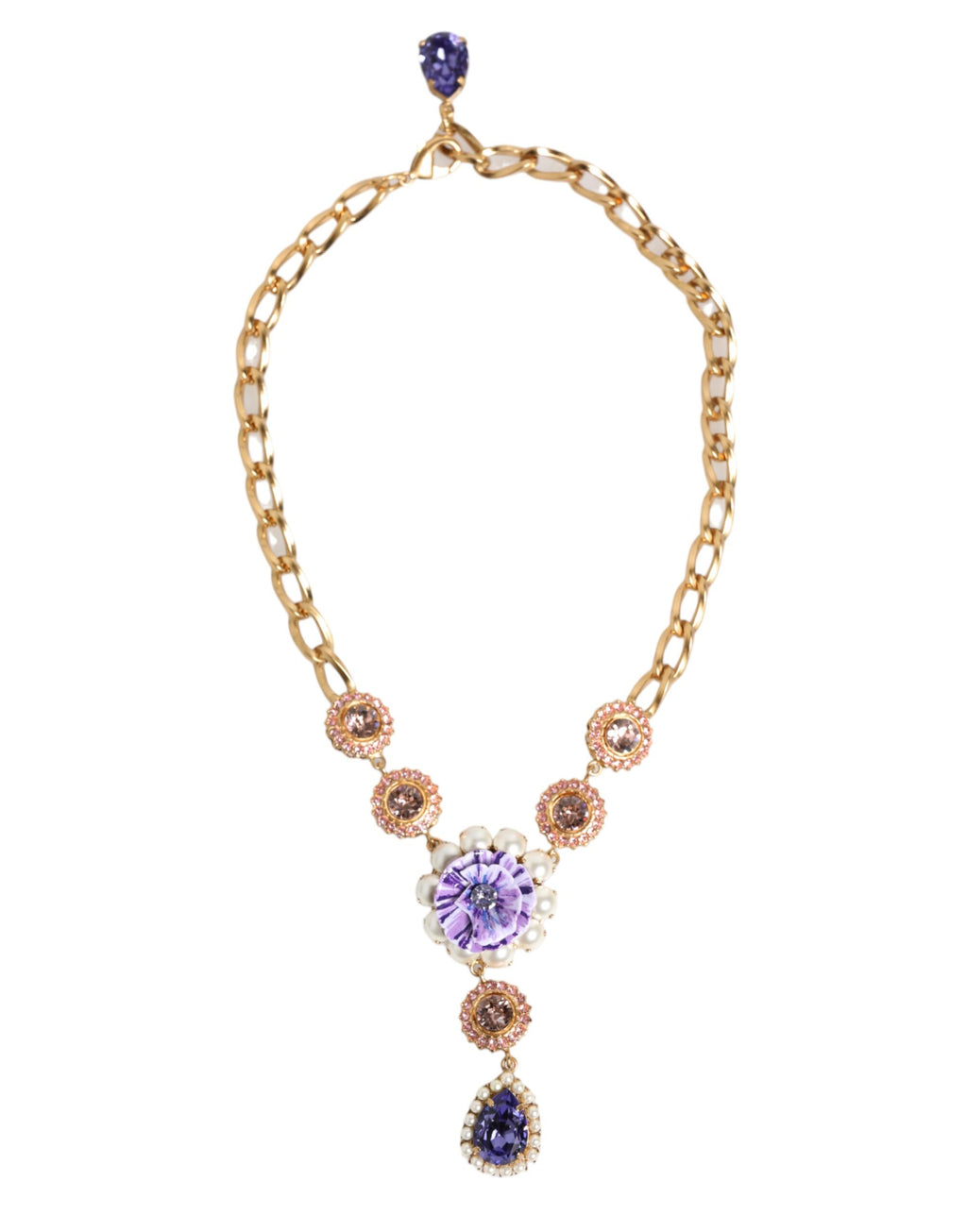 Collier Pendentif Floral Violet Dolce & Gabbana en Laiton Doré, Cristal et Perles