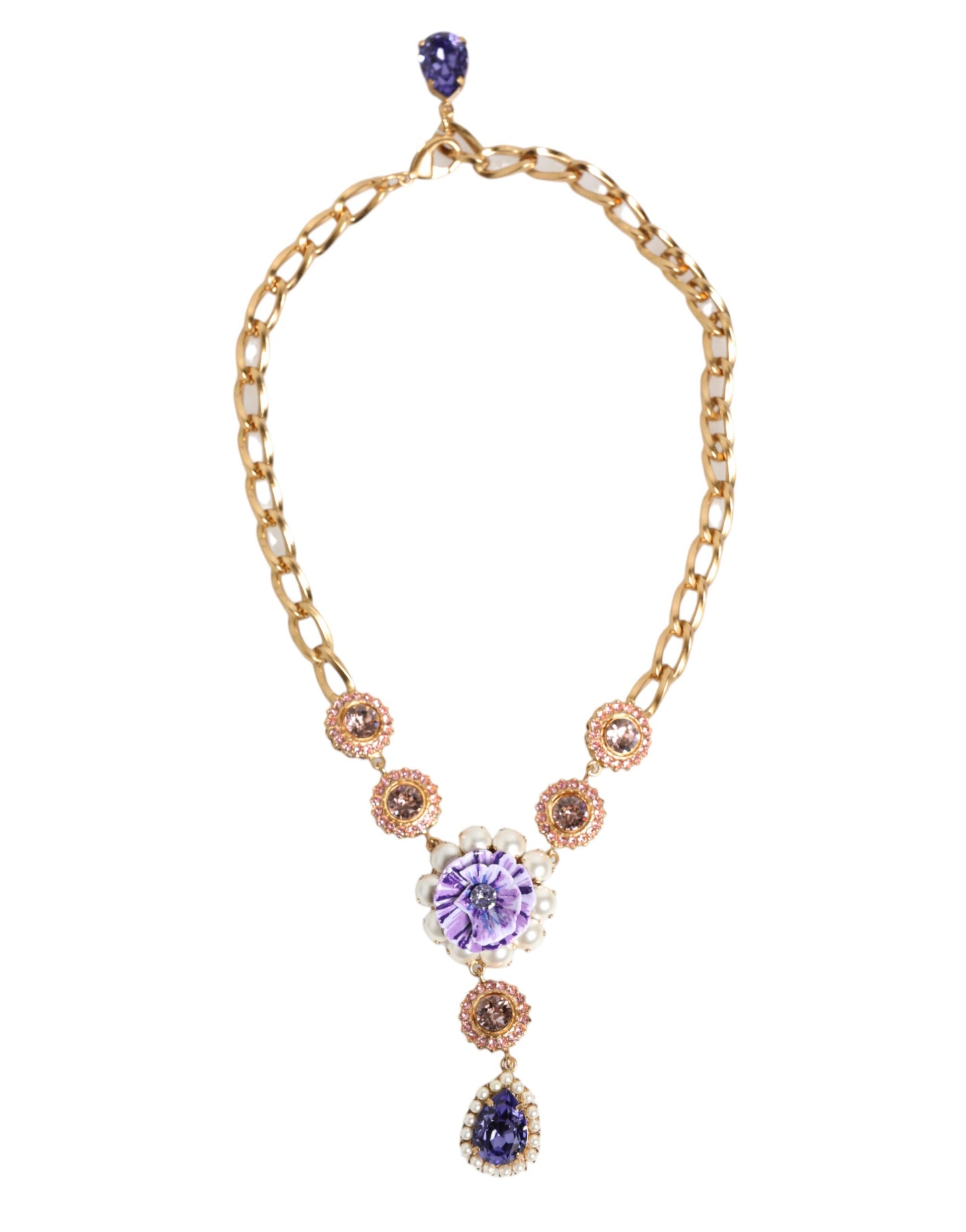 Collier Pendentif Floral Violet Dolce & Gabbana en Laiton Doré, Cristal et Perles