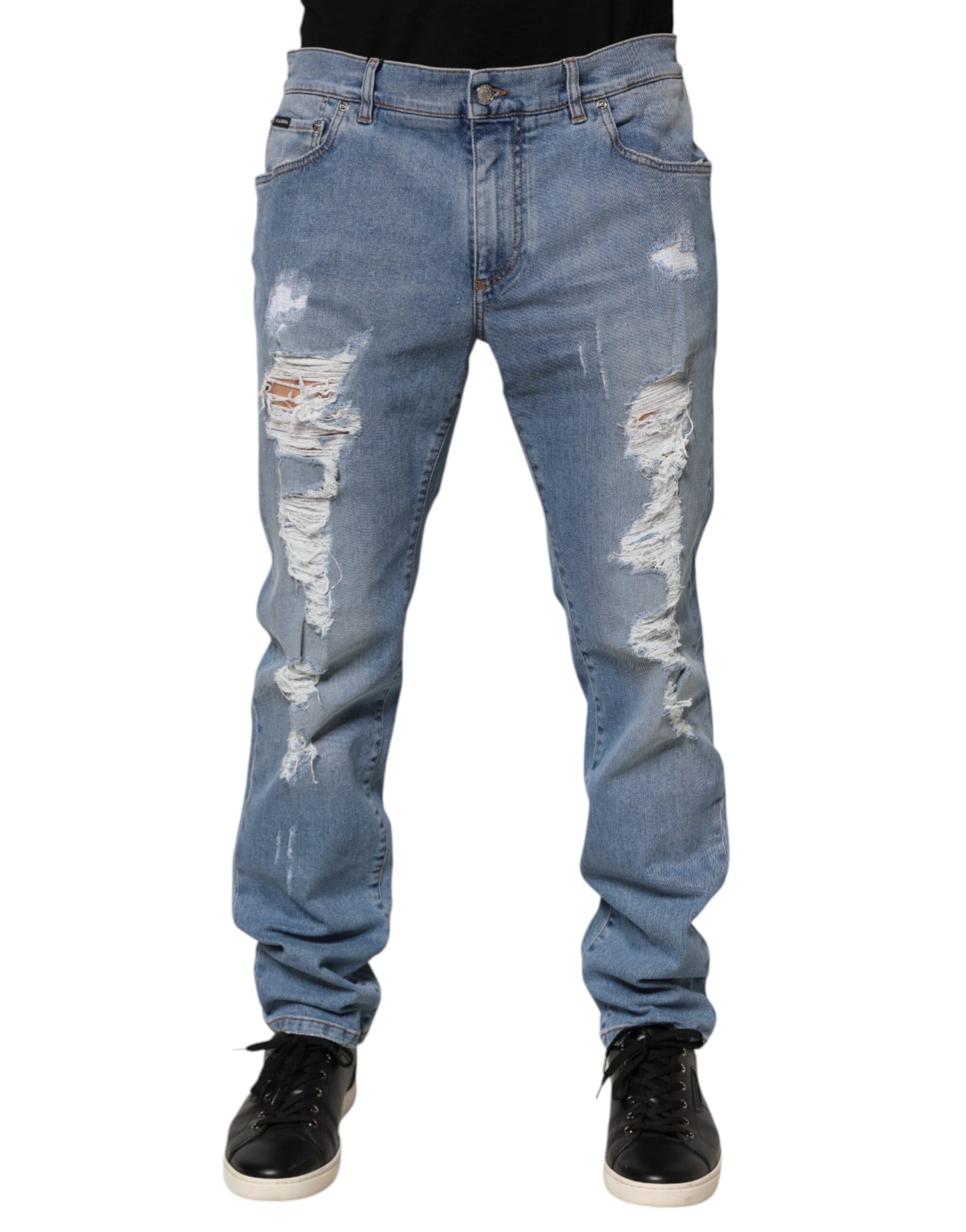 Jean en jean de coton coupe slim déchiré bleu Dolce & Gabbana