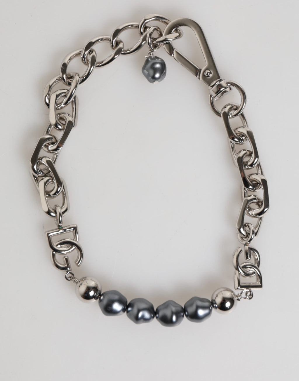 Dolce & Gabbana Silver Tone Chain Lobster Clasp Logo Gray Pearls Bracelet