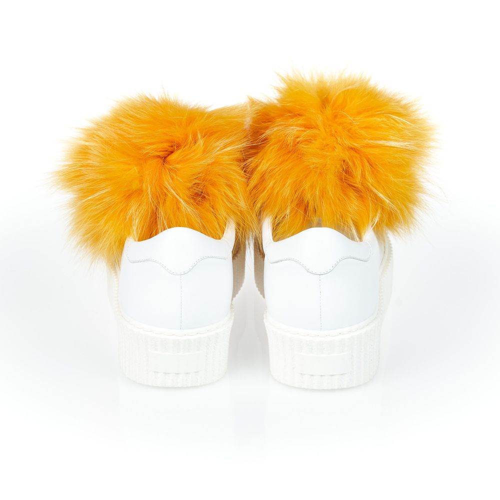 Mr&Mrs Italy White Textile Women Sneaker with Fur Pom Poms