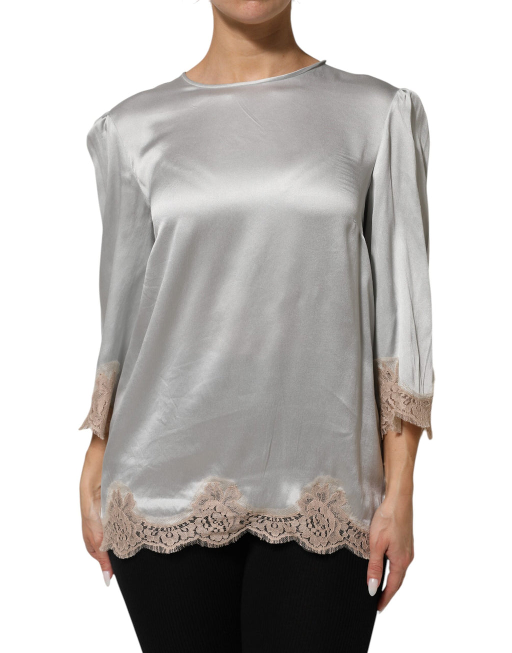 Haut à manches longues en satin de soie gris et dentelle florale Dolce & Gabbana