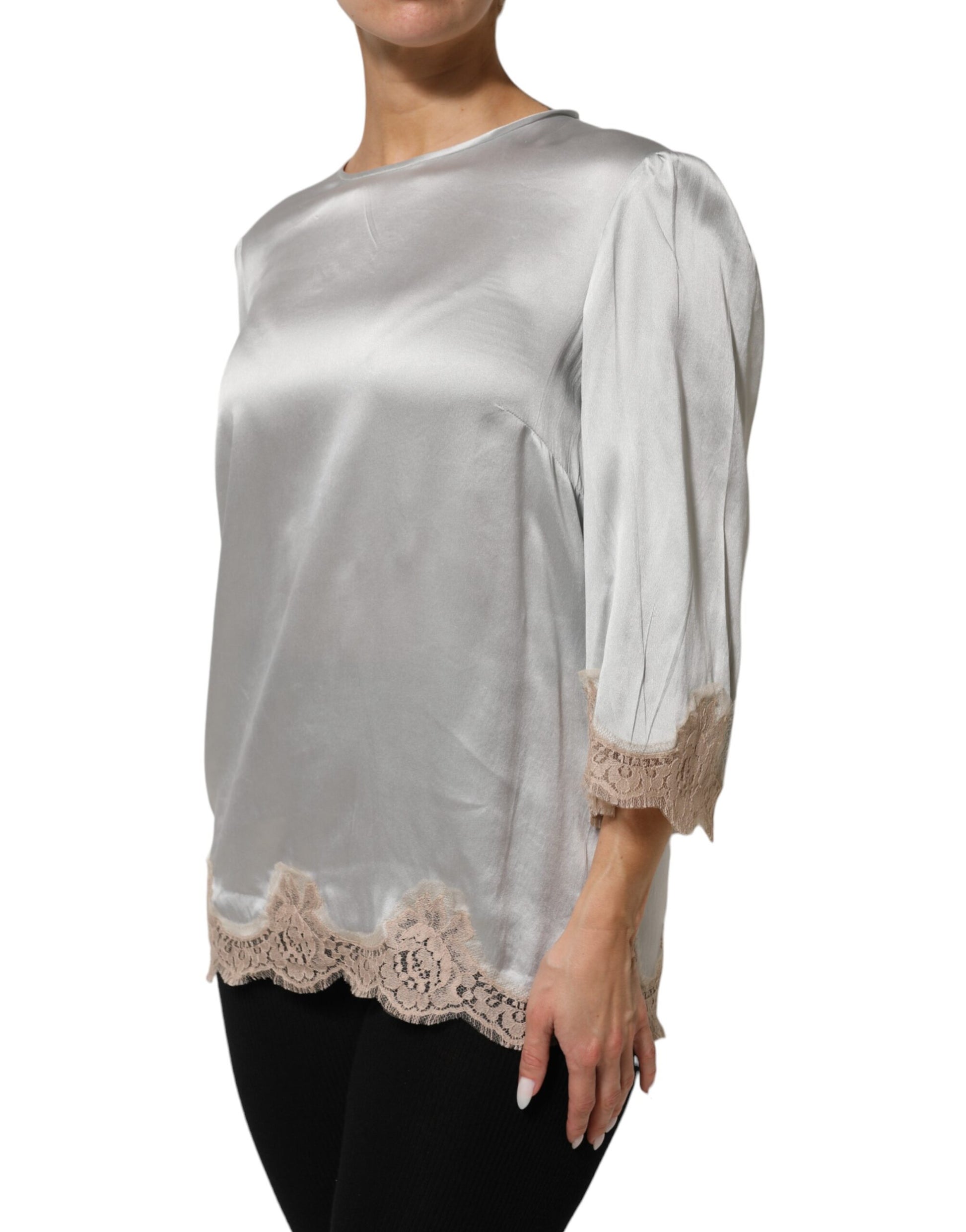 Haut à manches longues en satin de soie gris et dentelle florale Dolce & Gabbana