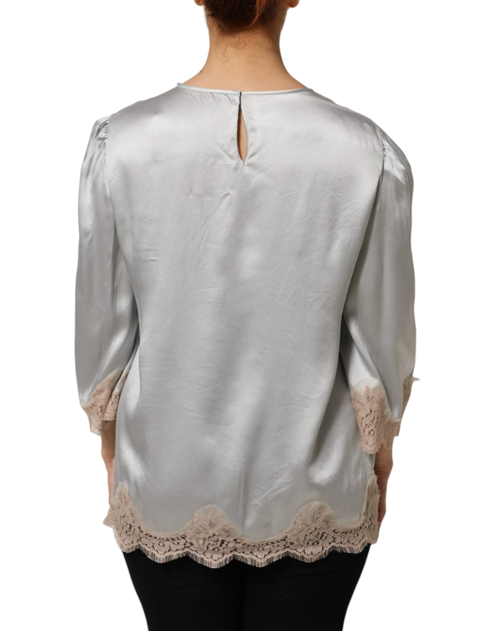 Haut à manches longues en satin de soie gris et dentelle florale Dolce & Gabbana