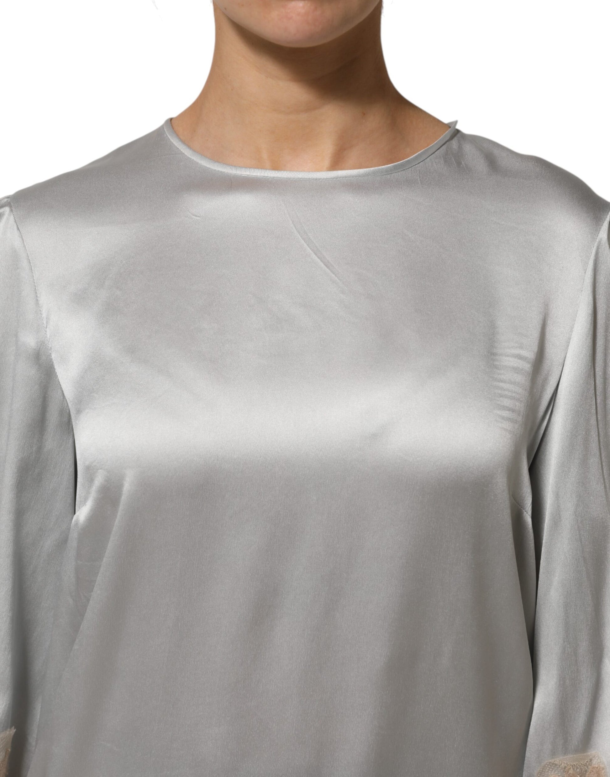 Haut à manches longues en satin de soie gris et dentelle florale Dolce & Gabbana