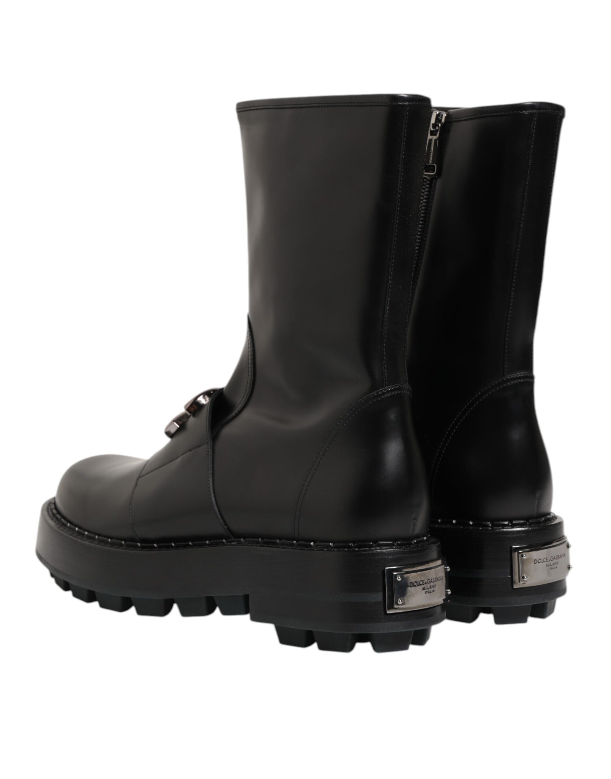 Bottes Biker Dolce & Gabbana Noires Mi-Mollet avec Plaque Logo