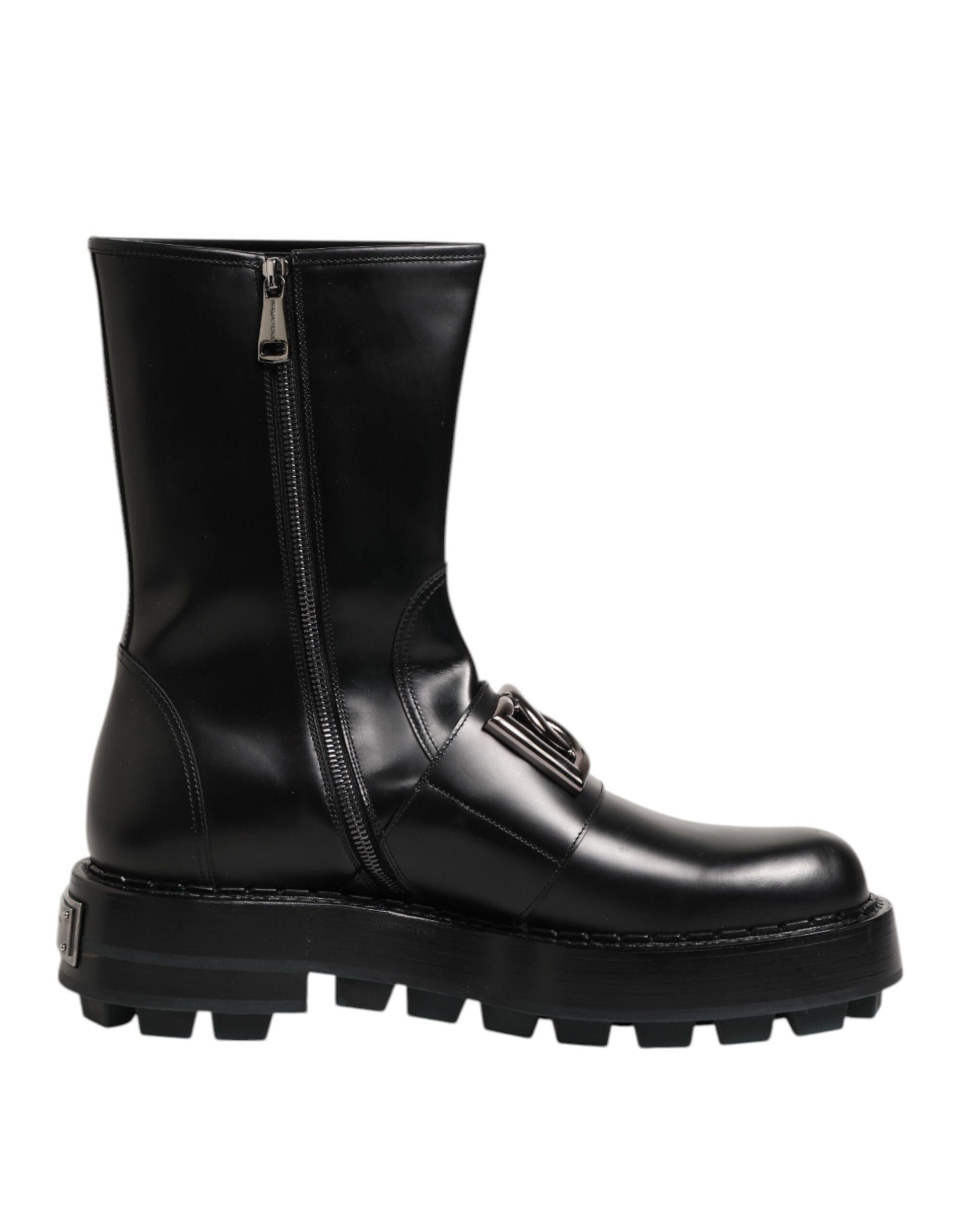 Bottes Biker Dolce & Gabbana Noires Mi-Mollet avec Plaque Logo